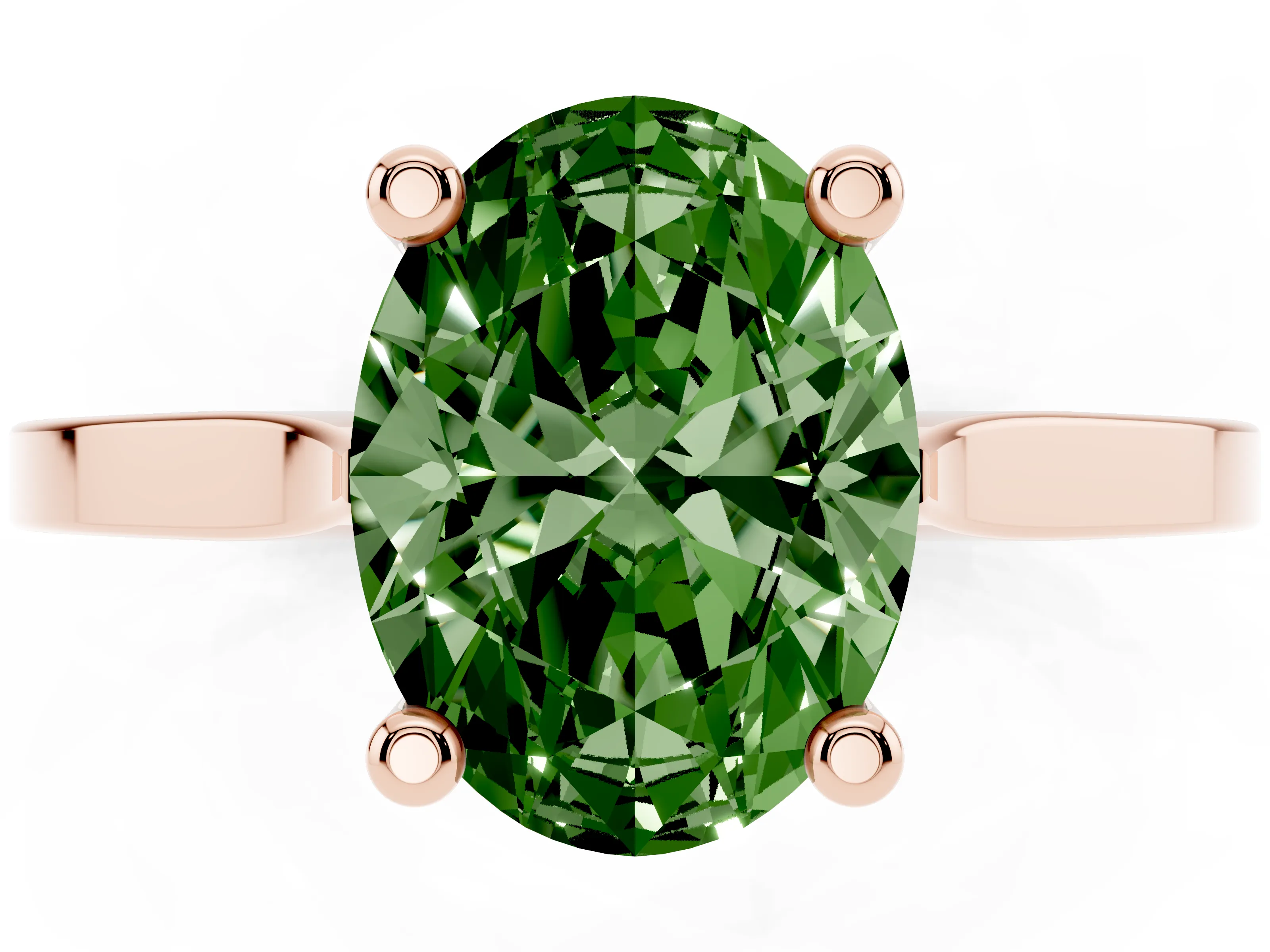 Fancy Green Oval Cut Diamond Solitaire Ring Set in Rose gold with Prong Setting and Tapered Band