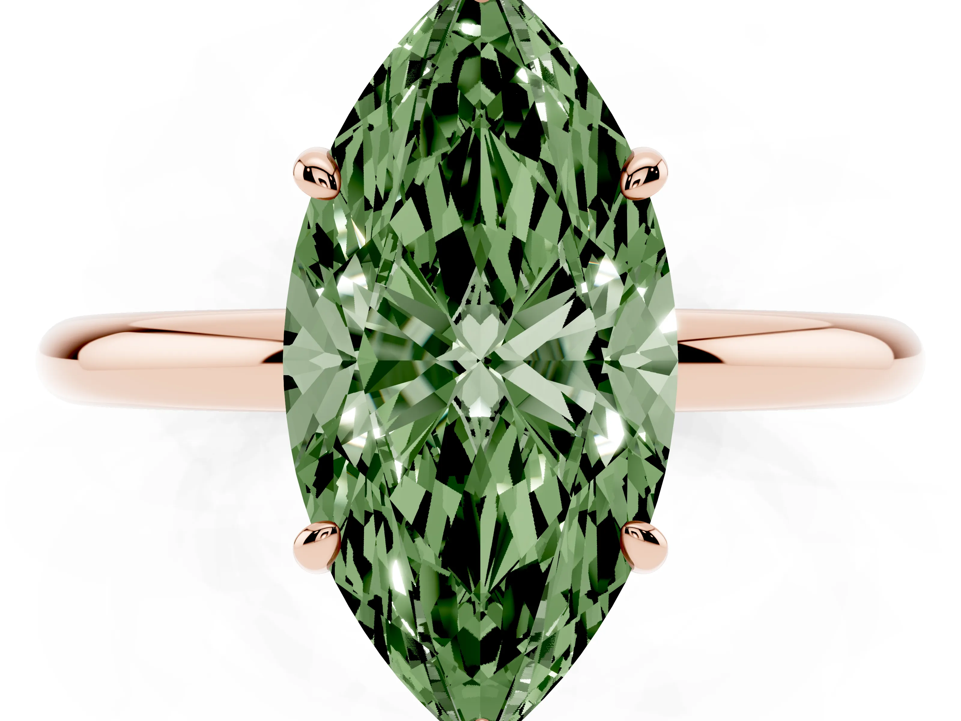 Fancy Green Oval Cut Diamond Solitaire Ring Set in Rose gold with Prong Setting on a Polished Plain Band