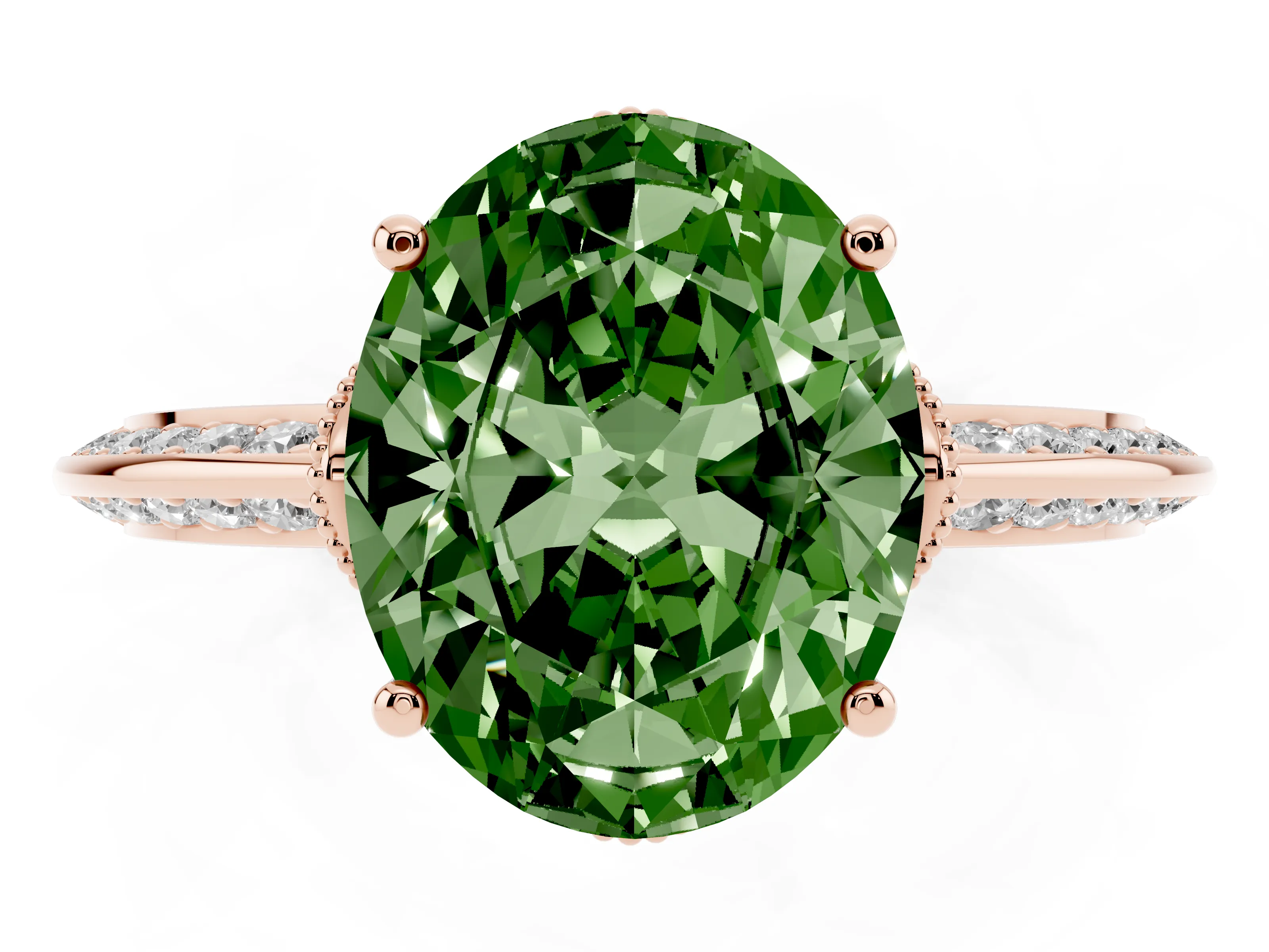 Fancy Green Oval Cut Diamond Solitaire Engagement Ring Set in Rose gold with Pavé Split Shank and Prong Setting