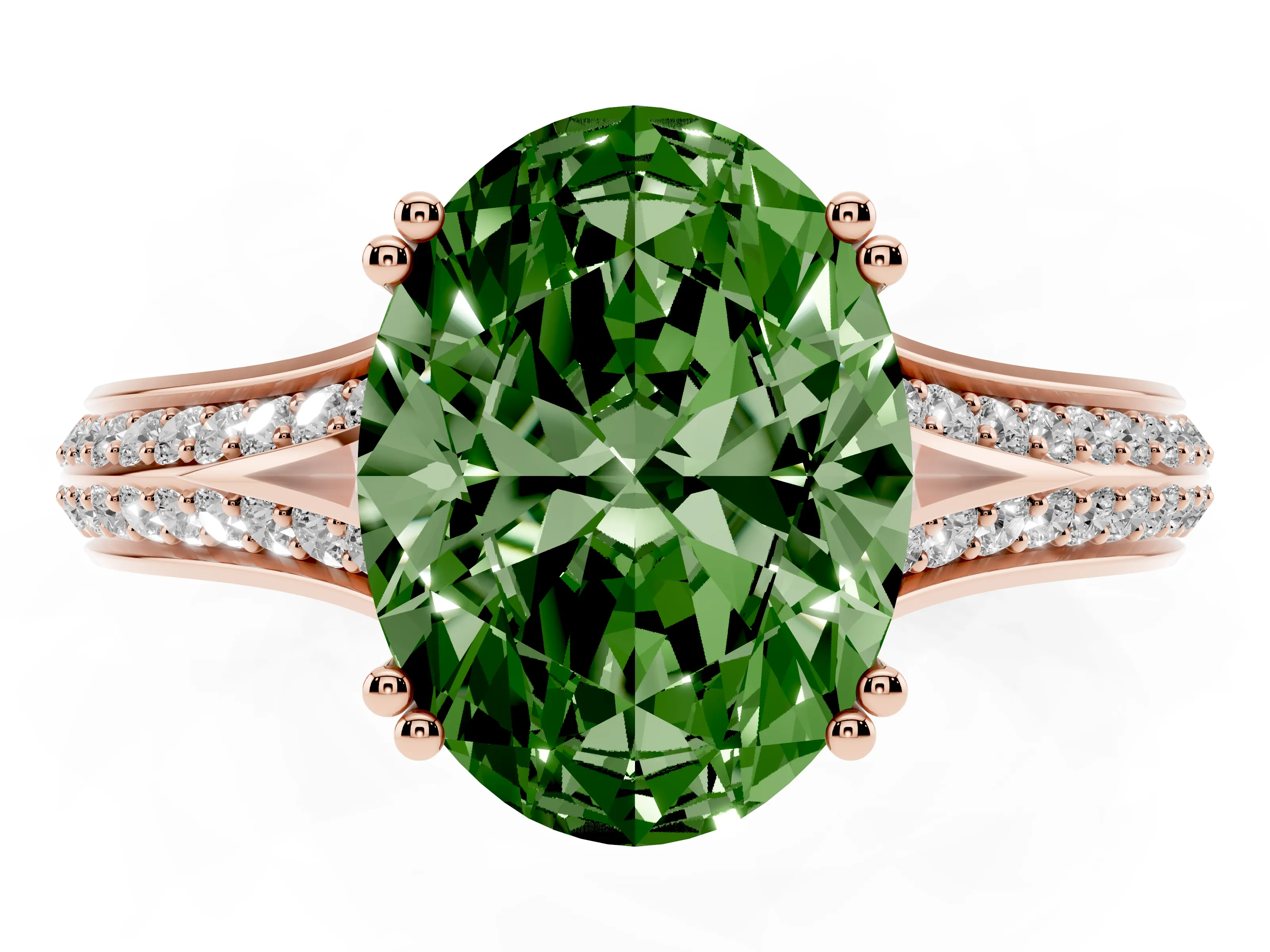 Fancy Green Oval Cut Diamond Split Shank Pavé Engagement Ring Set in Rose gold with Prong-Set Center Stone
