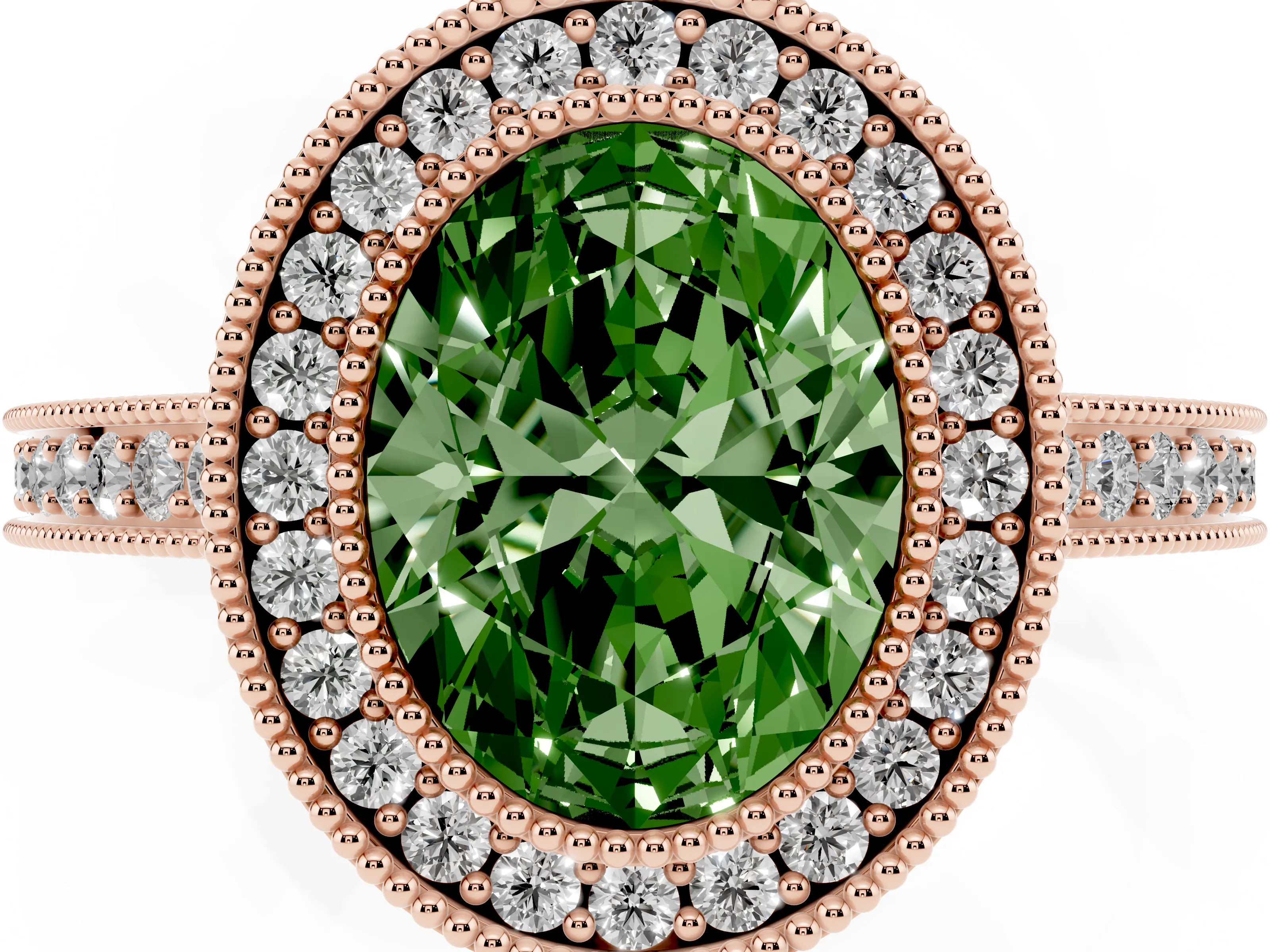 Fancy Green Oval Cut Diamond Round Halo Ring Set in Rose gold with Pavé Band