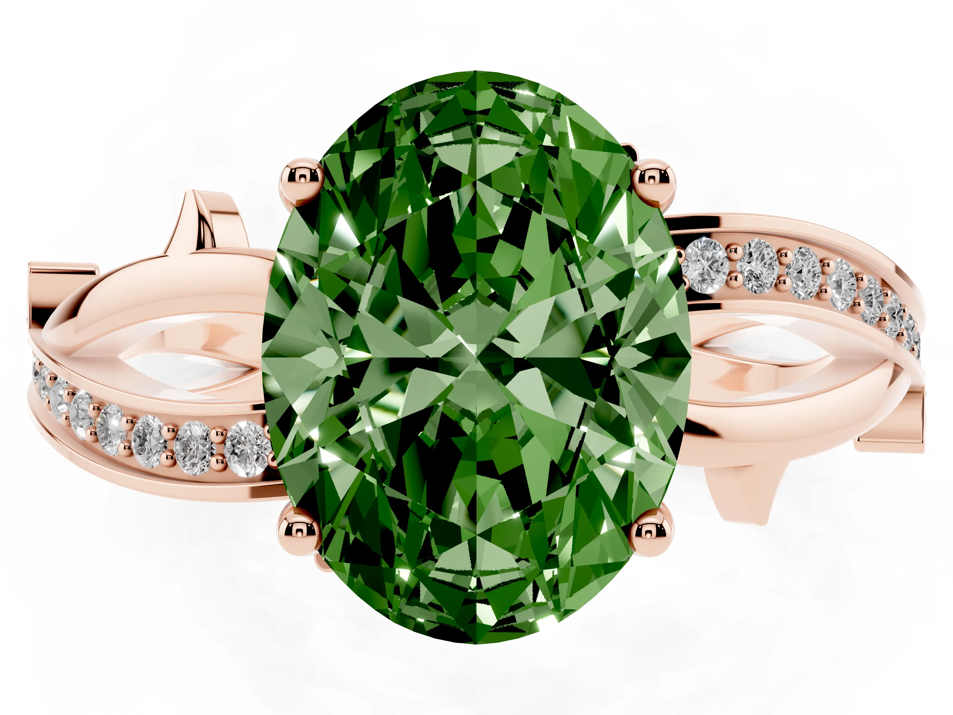 Fancy Green Oval Cut Diamond Pavé Twist Band Solitaire Ring Set in Rose gold with Prong Setting