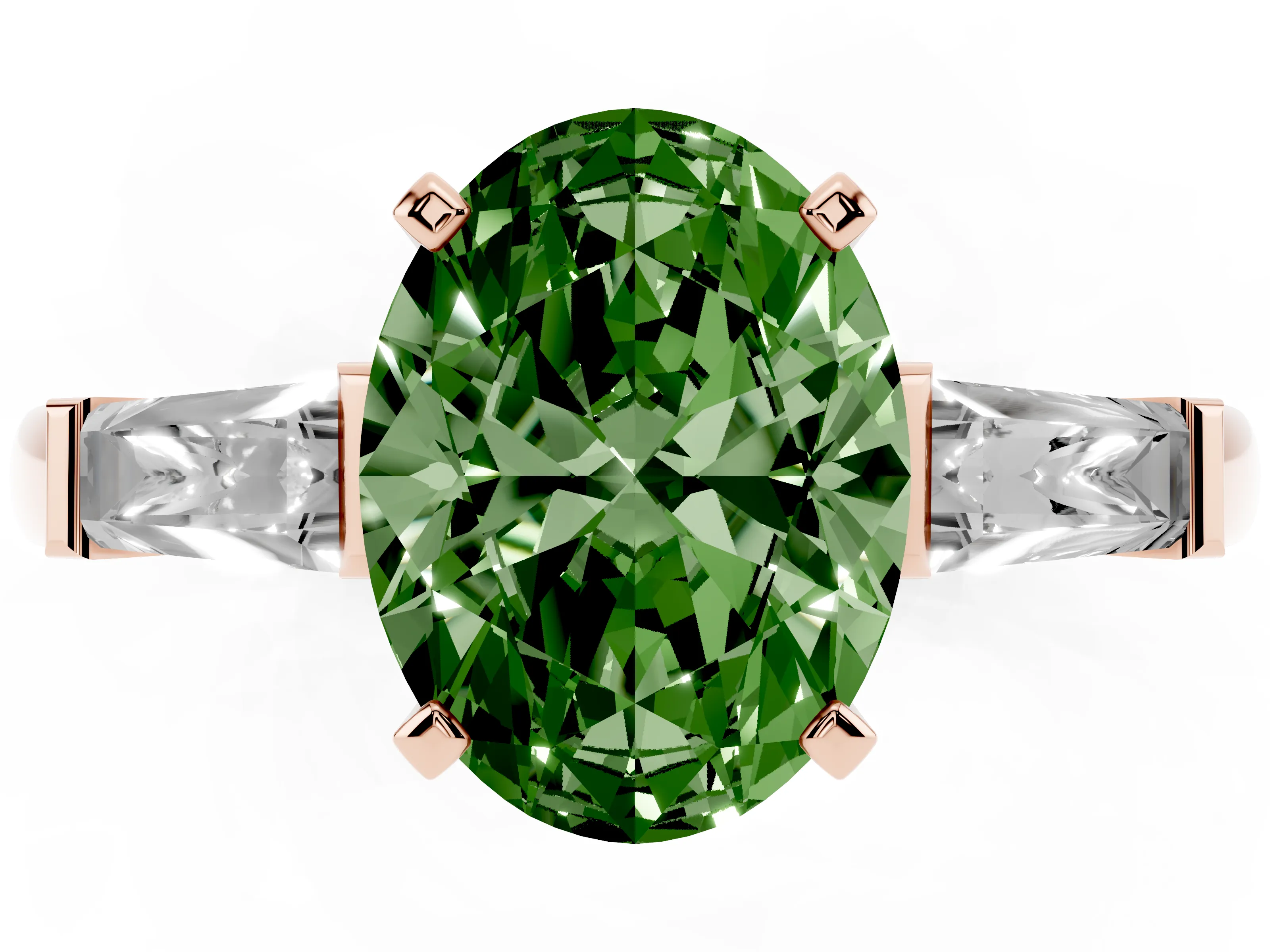 Fancy Green Oval Cut Diamond Solitaire Ring Set in Rose gold with Tapered Baguette Side Stones and Prong Setting