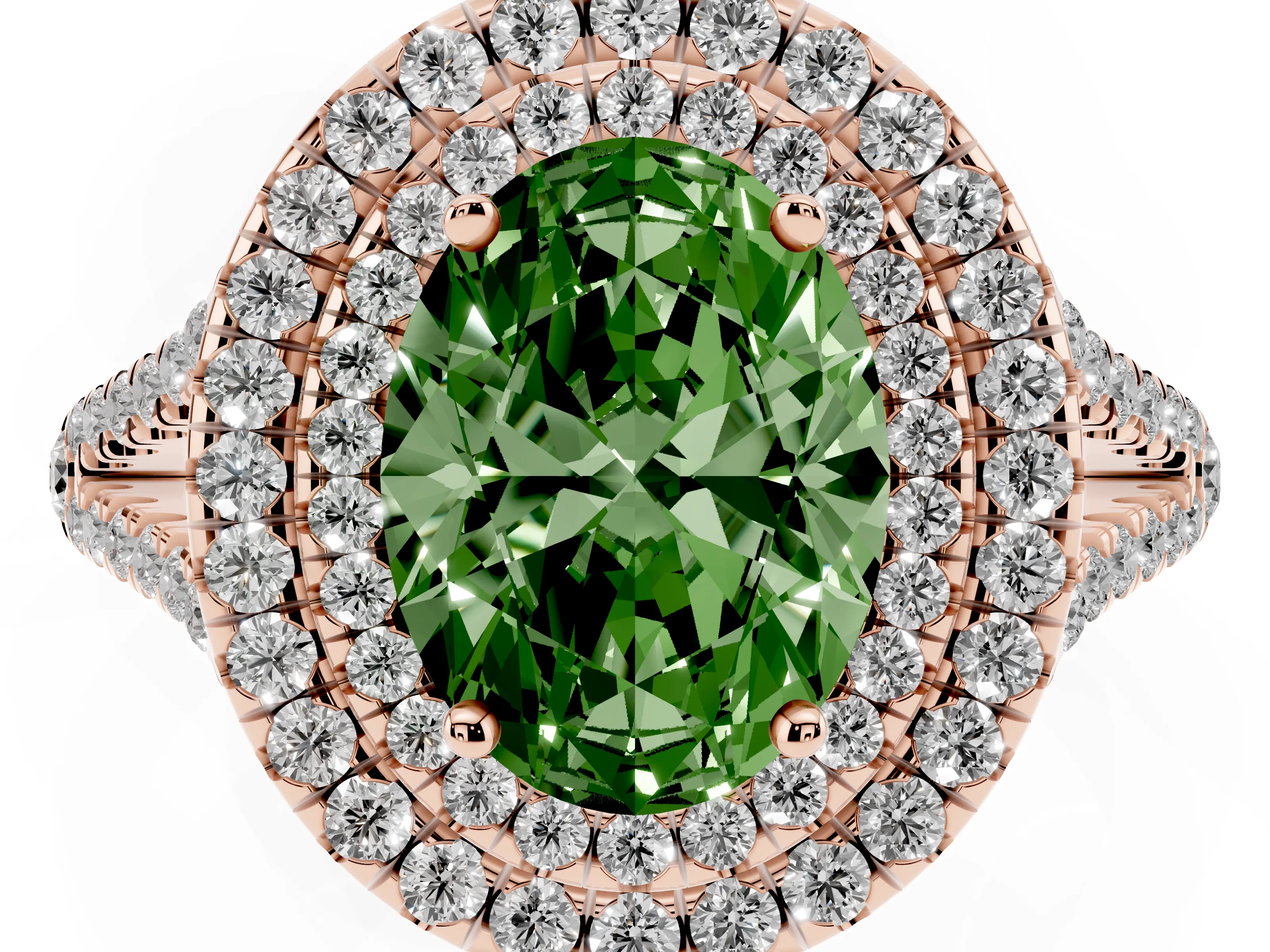 Fancy Green Oval Cut Diamond Double Halo Ring Set in Rose gold with Pavé Band