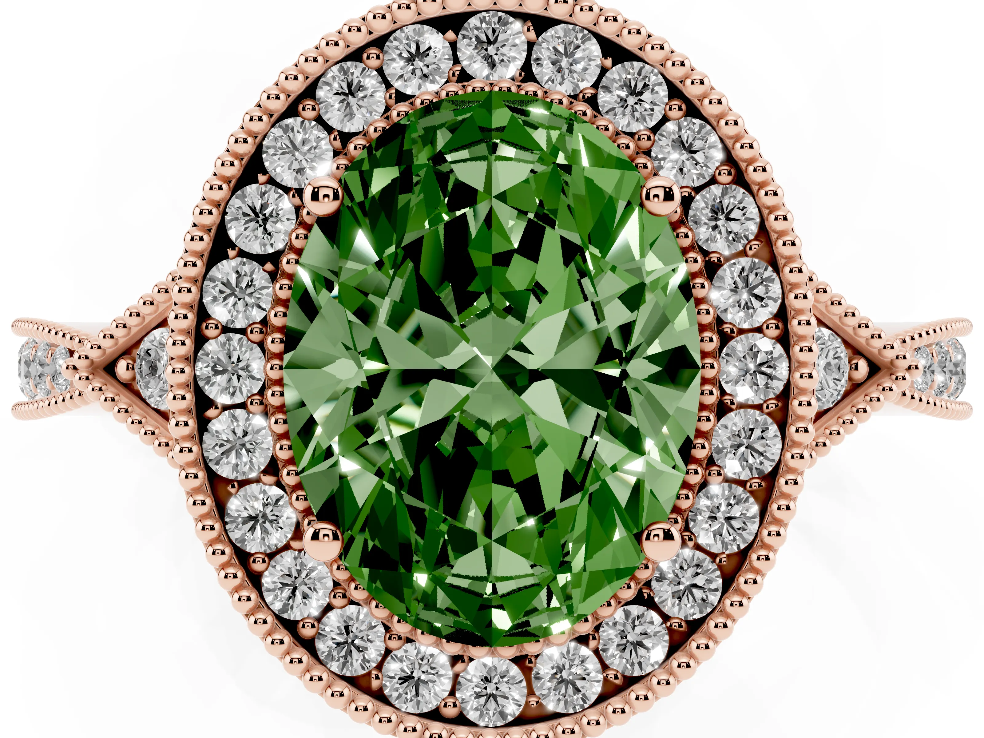 Fancy Green Oval Cut Diamond Halo Engagement Ring Set in Rose gold with Milgrain Pavé Band