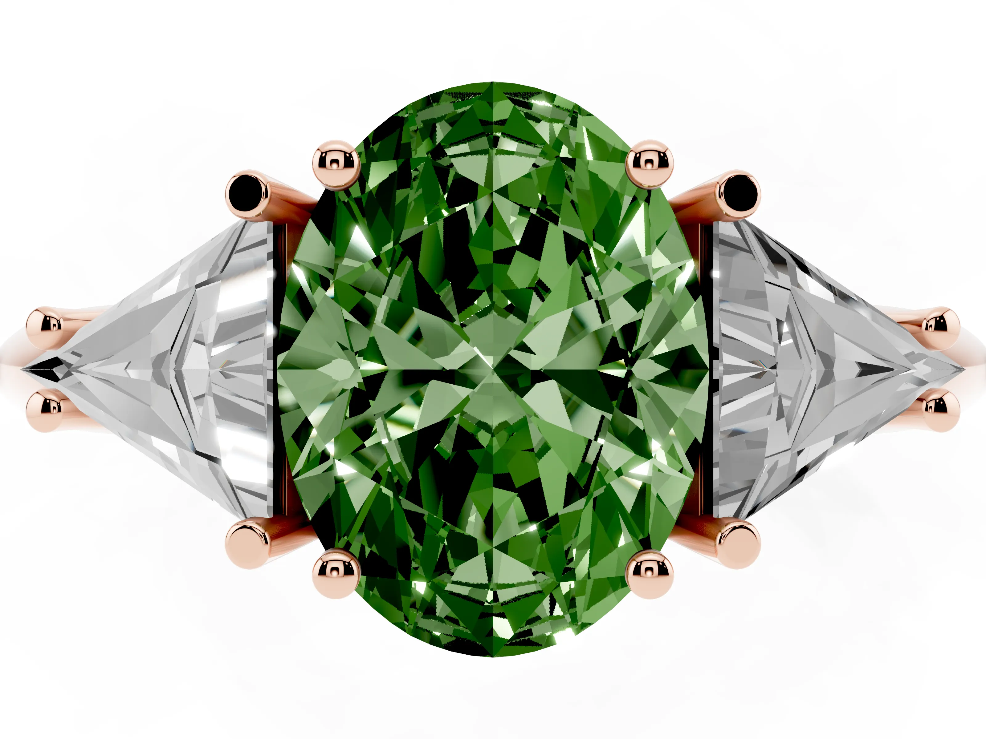 Fancy Green Oval Cut Diamond Three-Stone Engagement Ring Set in Rose gold with Trillion Side Stones