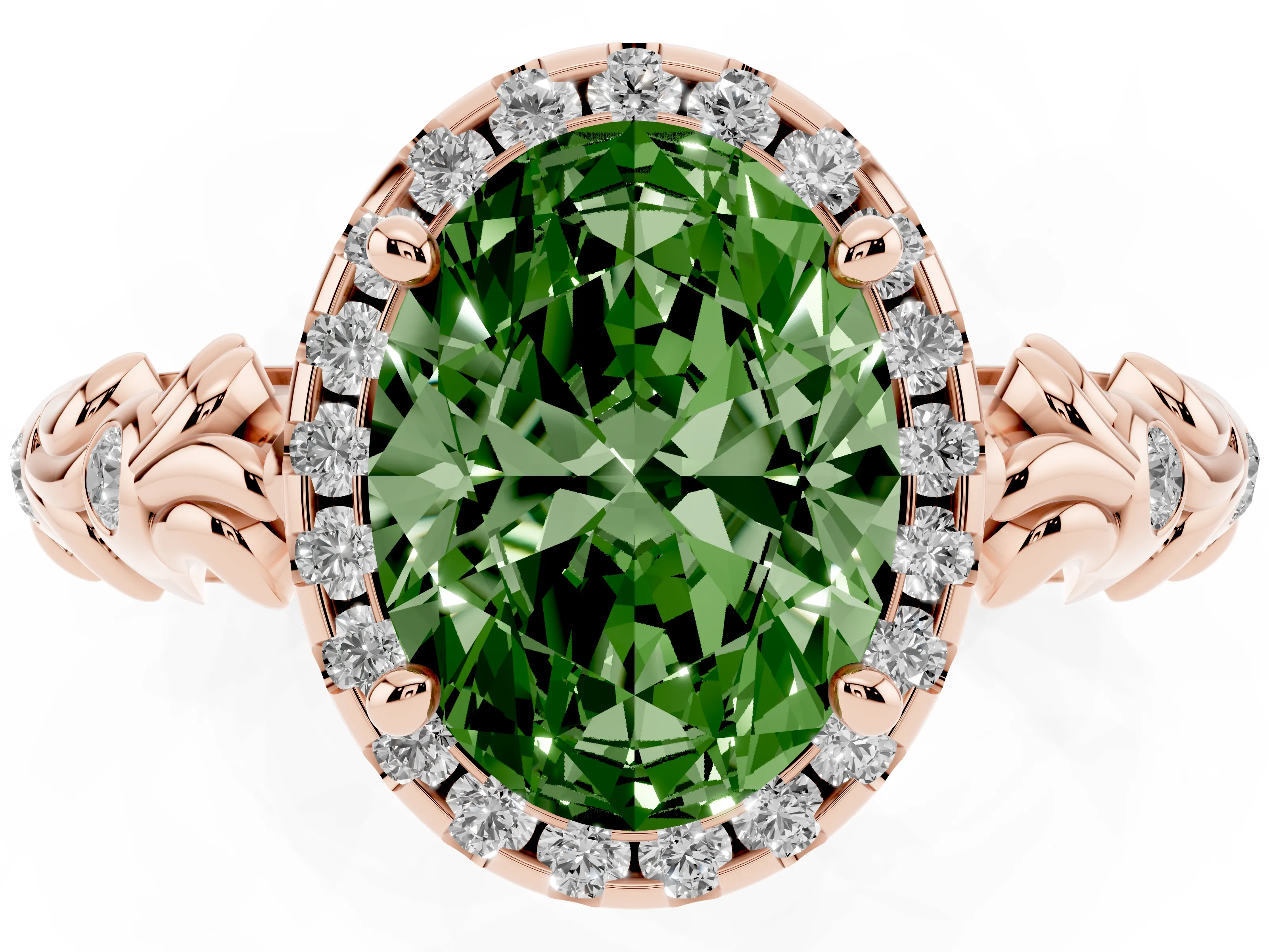 Fancy Green Oval Cut Diamond Halo Ring Set in Rose gold with Filigree Leaf Band and Prong Setting