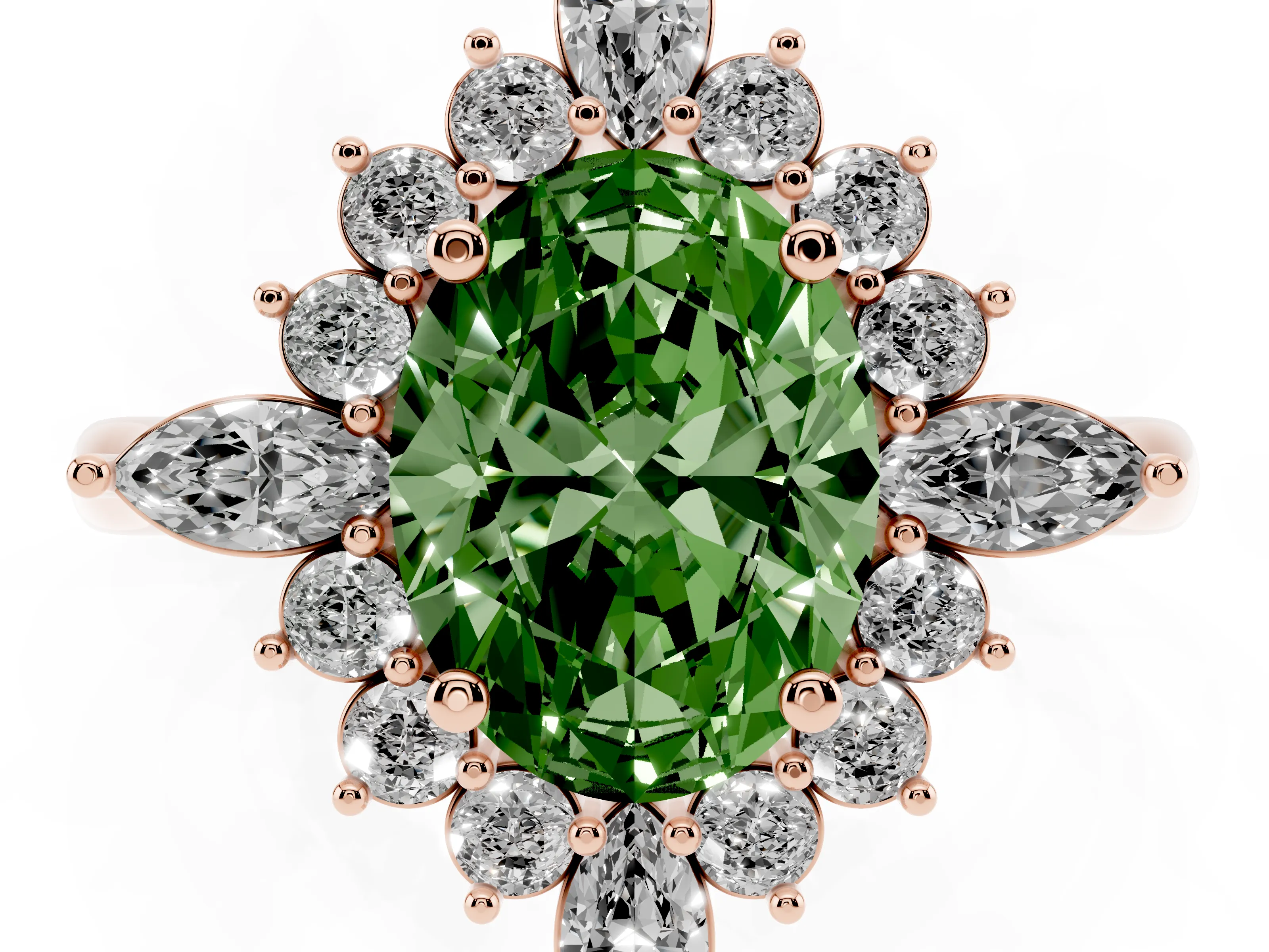 Fancy Green Oval Cut Diamond Cluster Halo Ring Set in Rose gold with Marquise and Round Accents