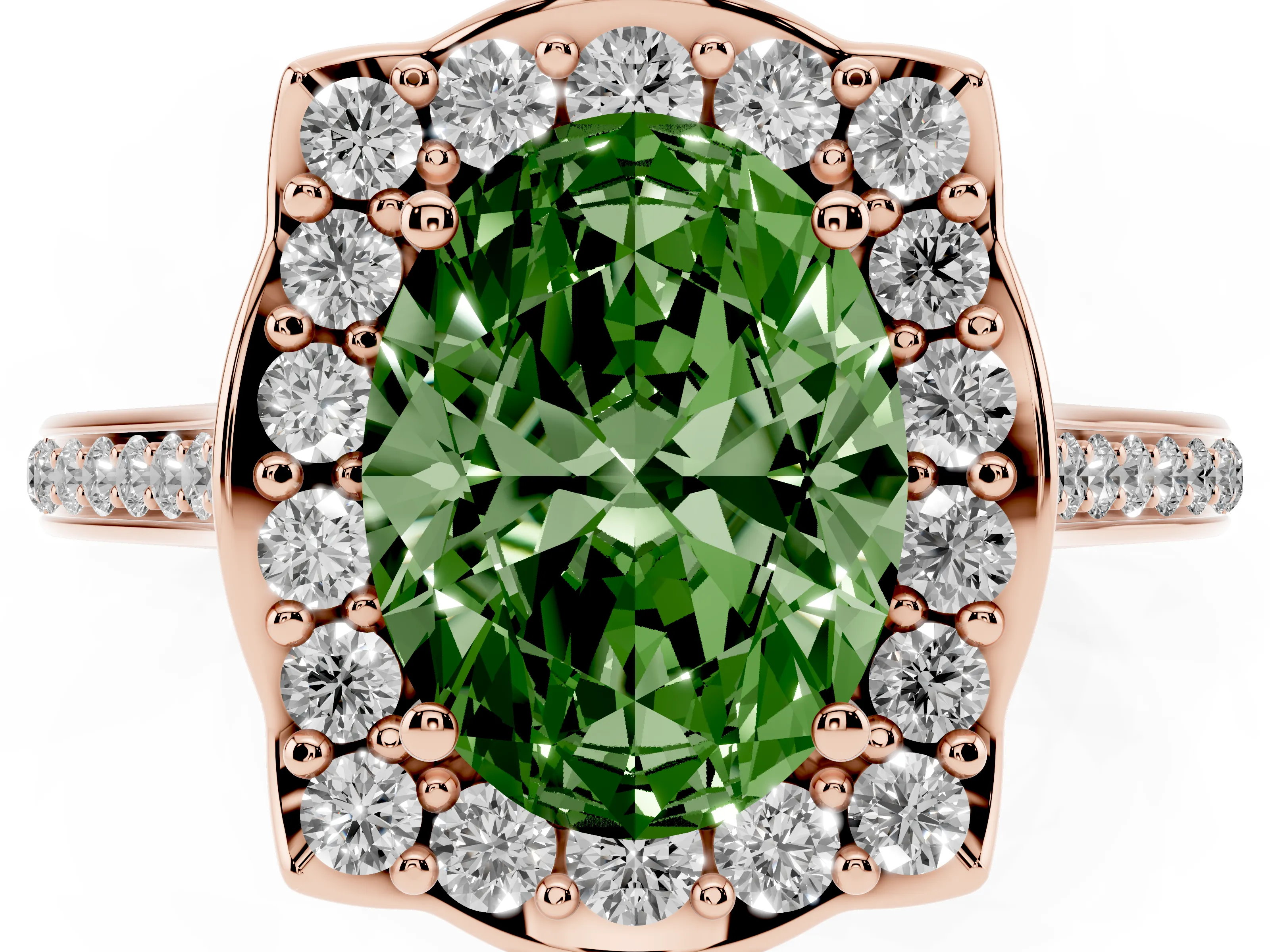 Fancy Green Oval Cut Diamond Halo Ring Set in Rose gold with Pavé-Lined Shoulders and Prong Setting
