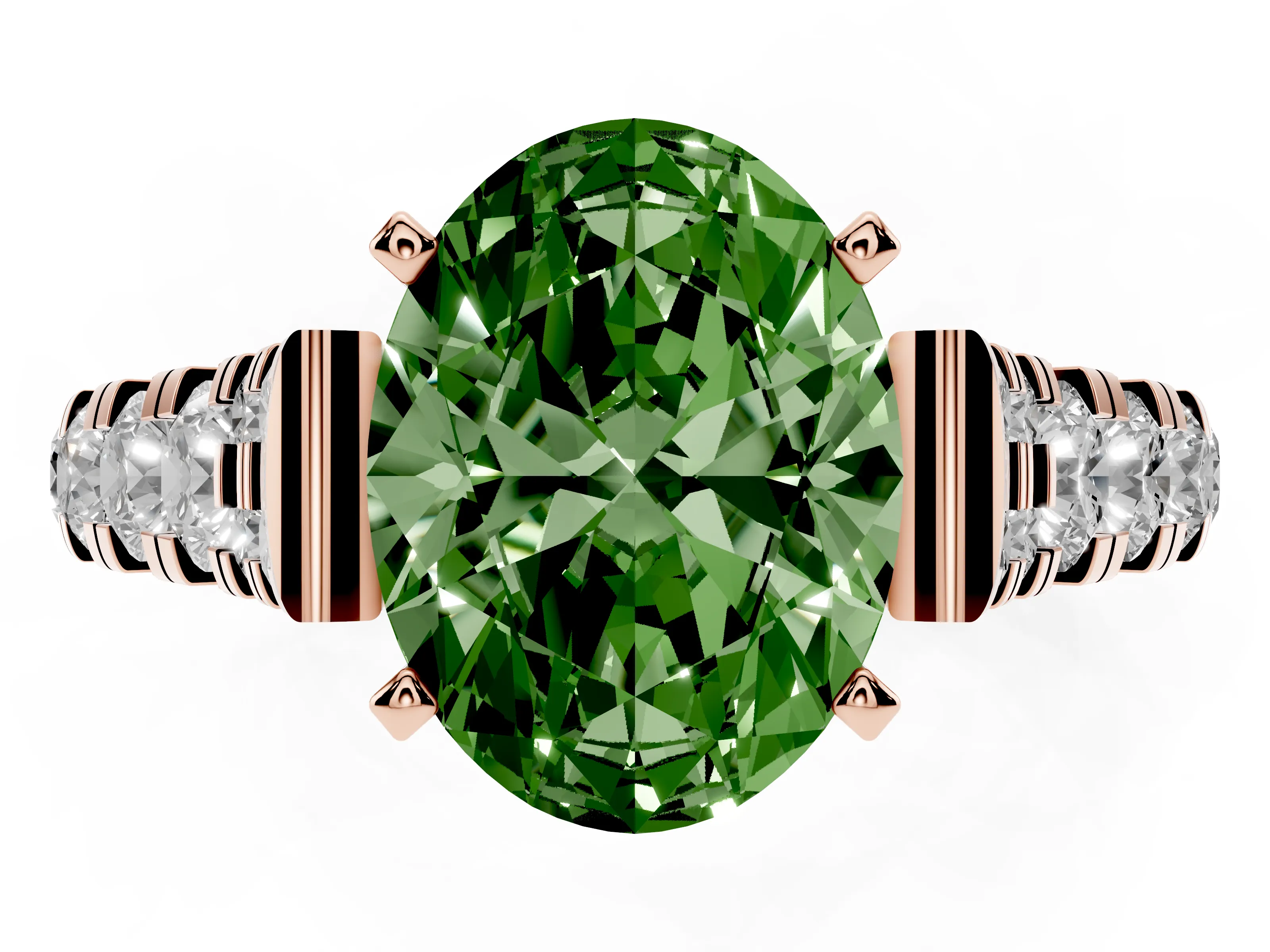 Fancy Green Oval Cut Diamond Classic Solitaire Ring Set in Rose gold with Pavé Band and Prong Setting