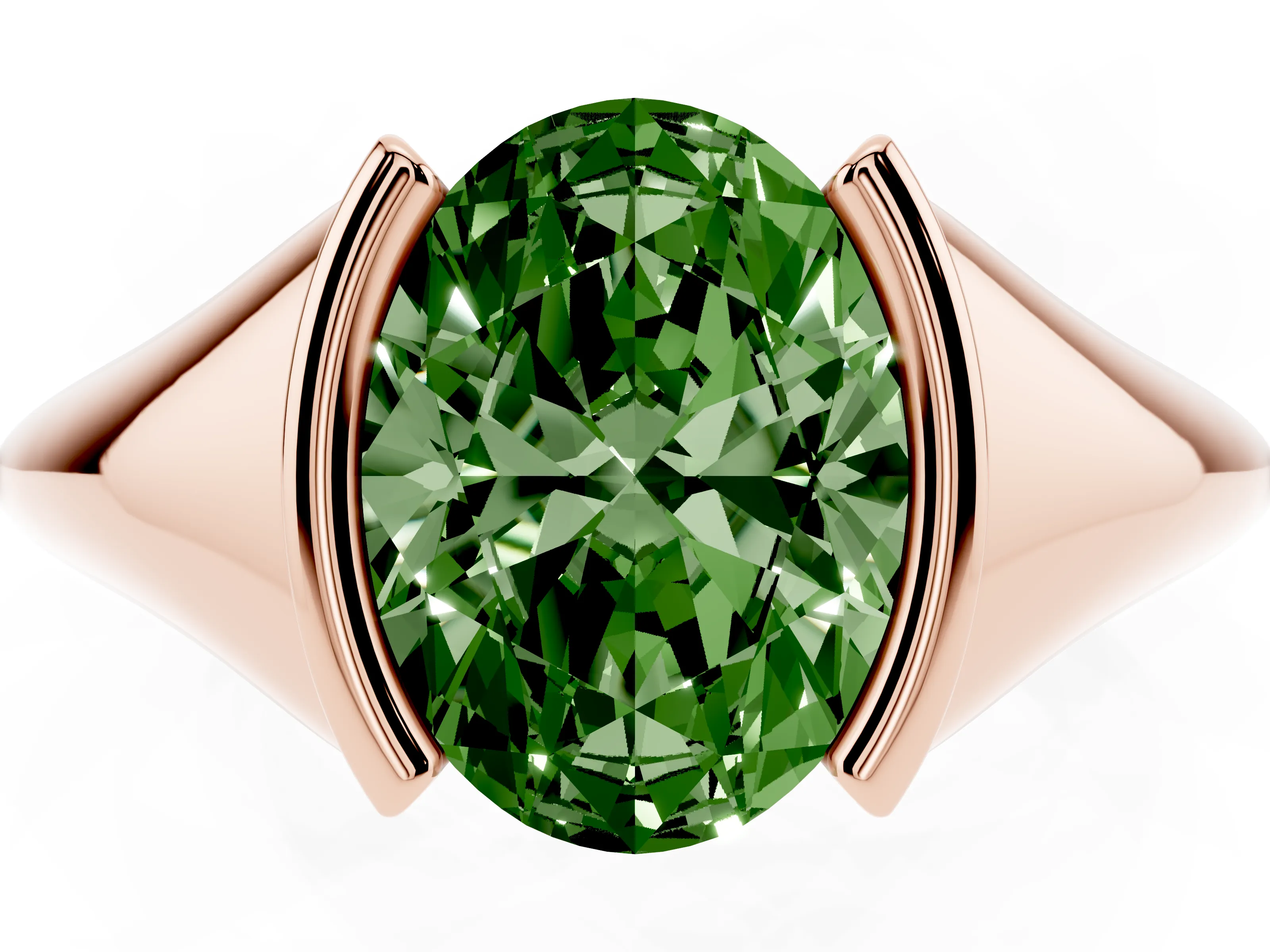 Fancy Green Oval Cut Diamond Solitaire Tension Set Ring Set in Rose gold