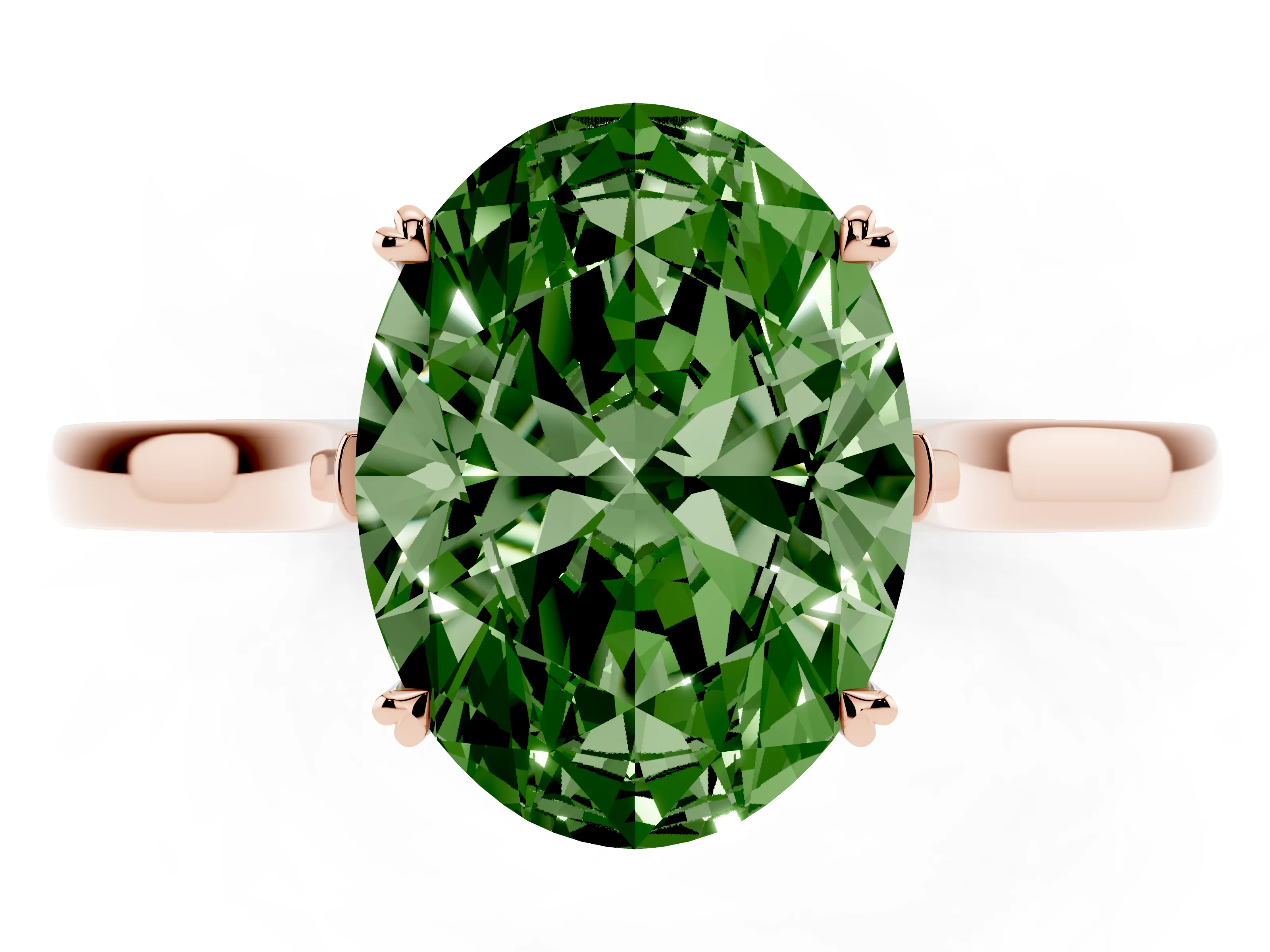 Fancy Green Oval Cut Diamond Solitaire Heart Prong Engagement Ring Set in Rose gold with Tapered Band