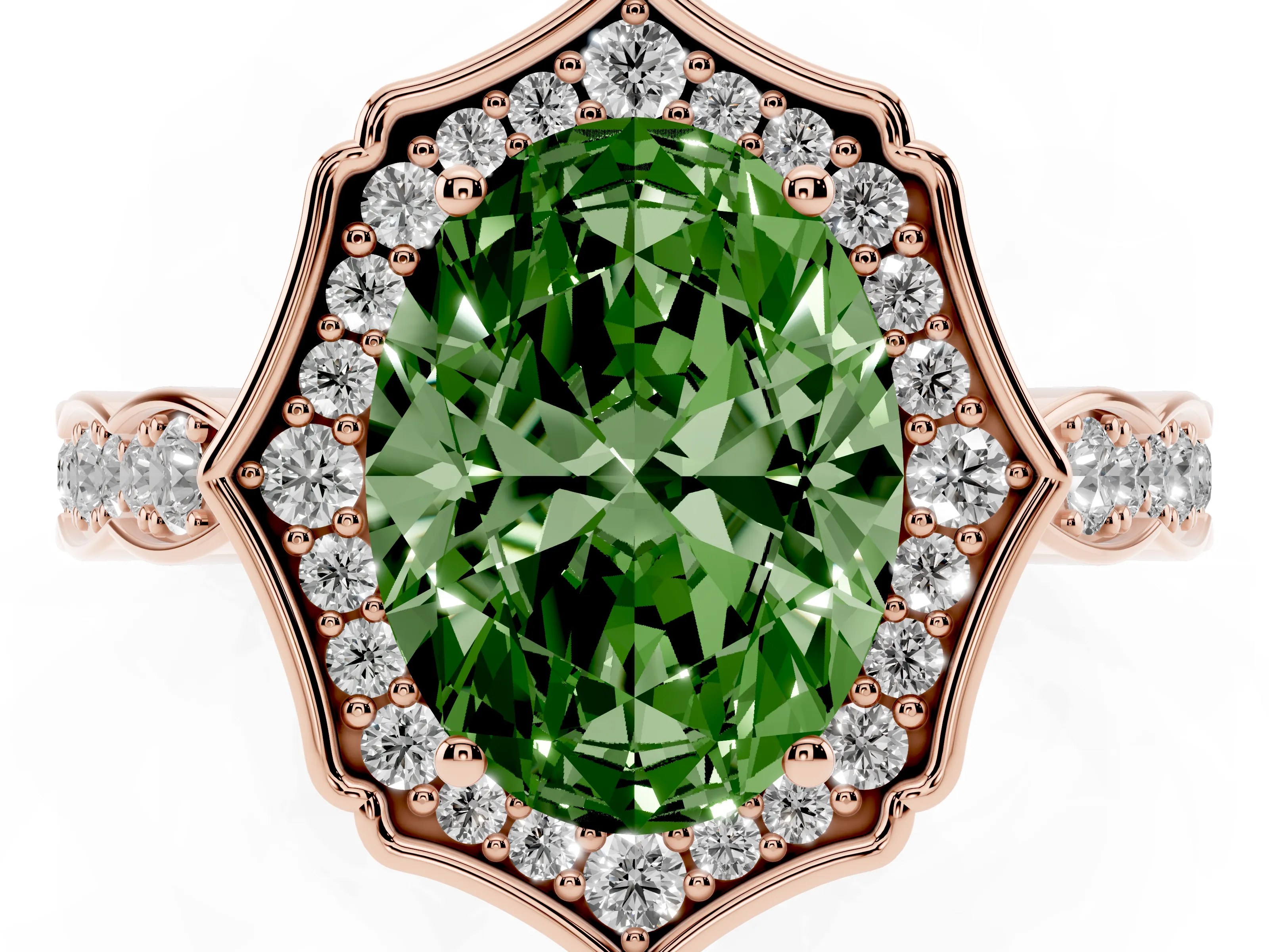 Fancy Green Oval Cut Diamond Halo Engagement Ring Set in Rose gold with Milgrain Band and Prong Setting