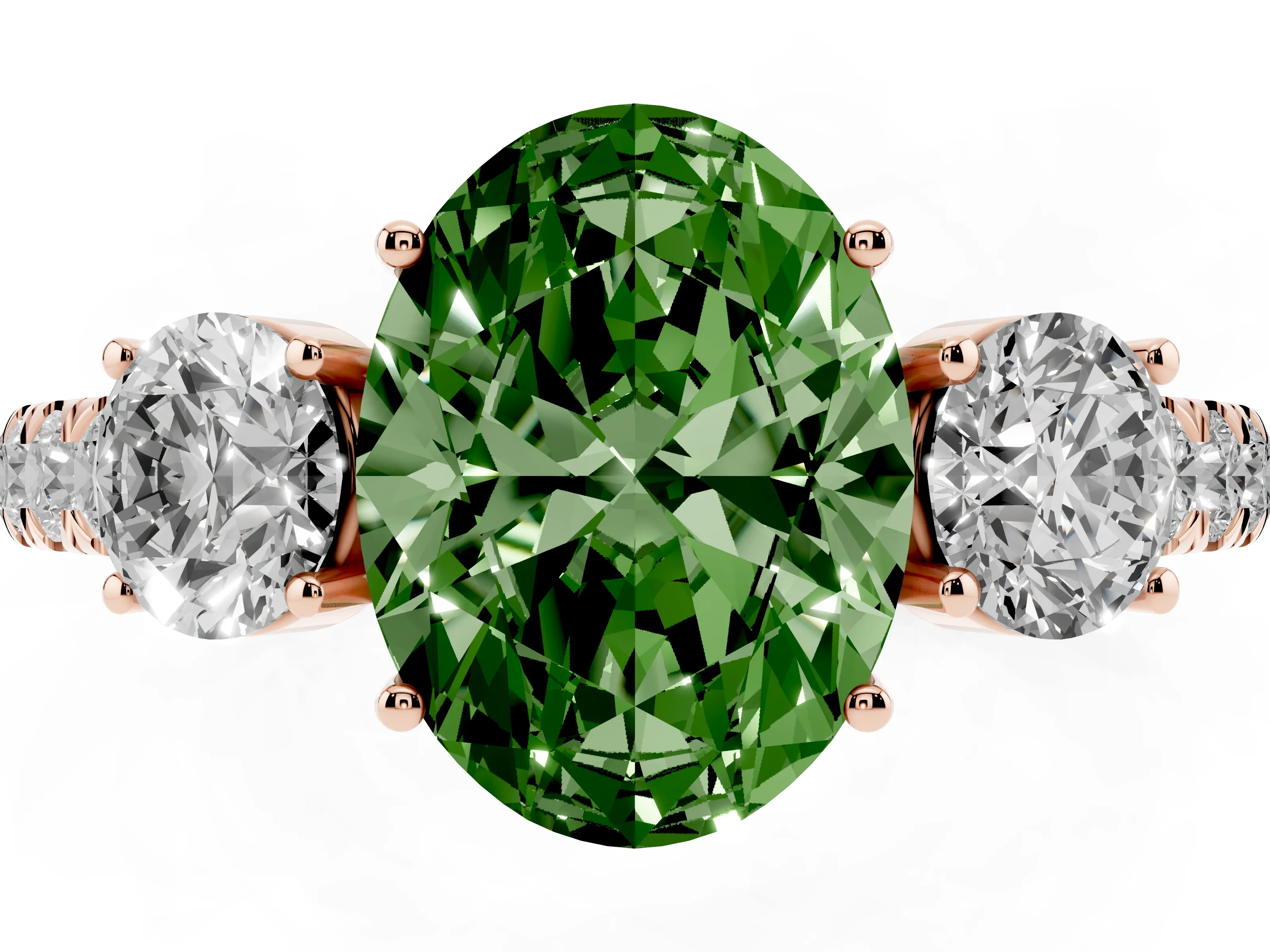 Fancy Green Oval Cut Diamond Three-Stone Ring Set in Rose gold with Round Side Stones and Delicate Pavé Band