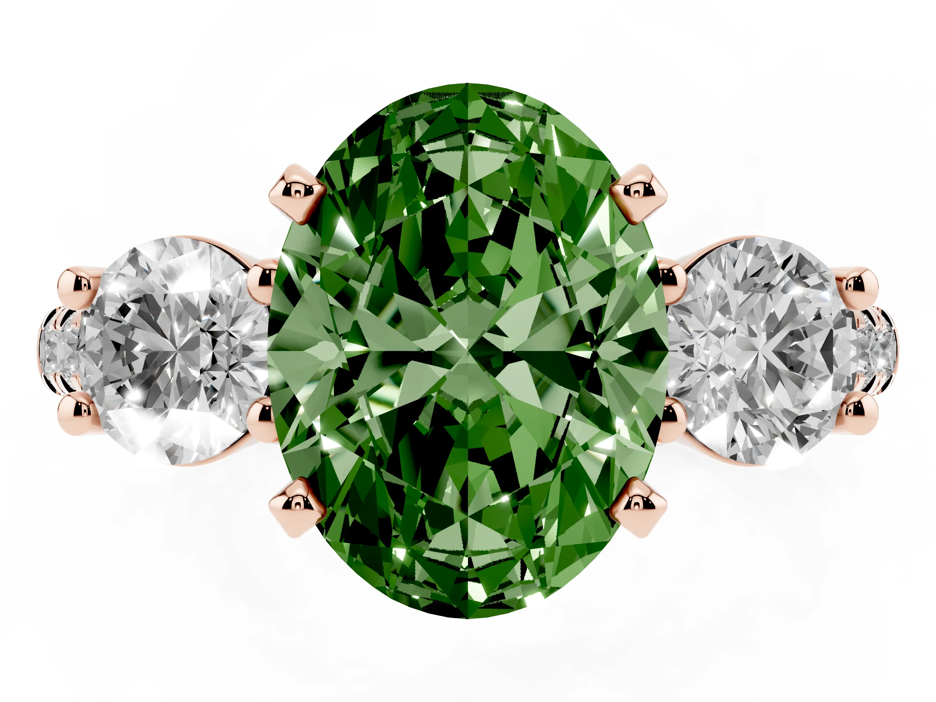 Fancy Green Three-Stone Oval Cut Diamond Pavé Band Ring Set in Rose gold with Prong-Set Trio