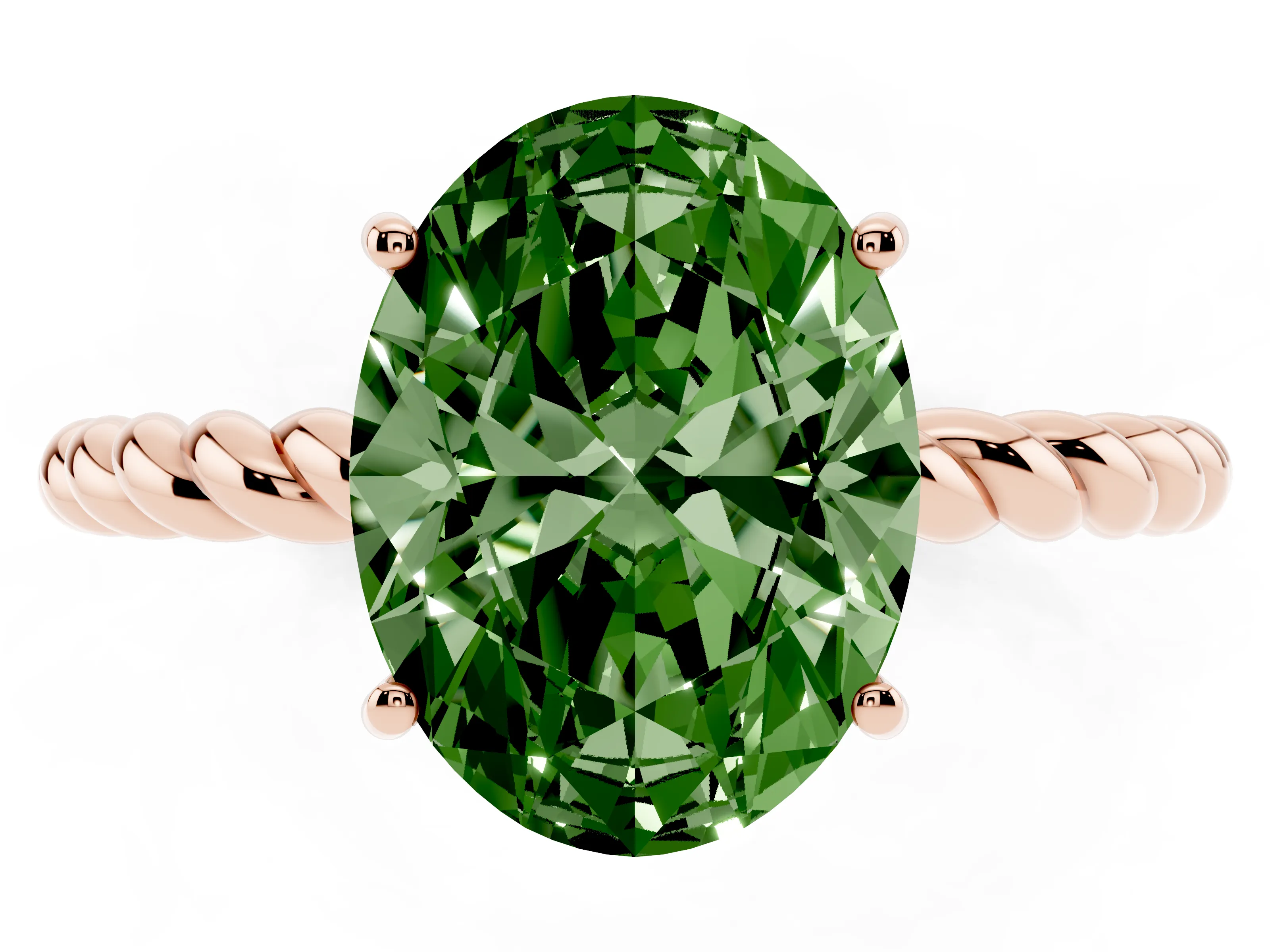 Fancy Green Oval Cut Diamond Solitaire Twisted Band Ring Set in Rose gold with Prong Solitaire Setting