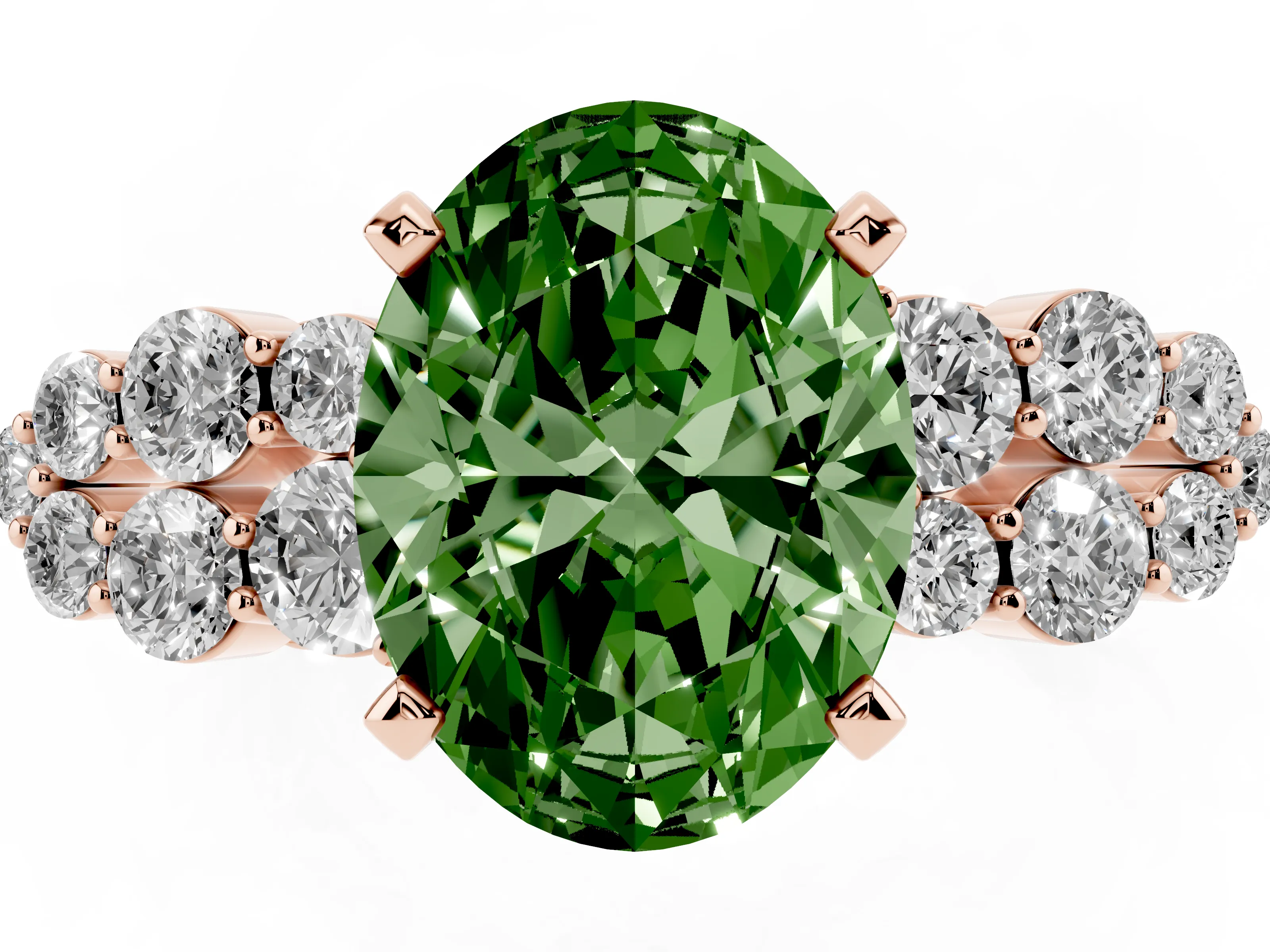 Fancy Green Oval Cut Diamond Cluster Engagement Ring Set in Rose gold with Pavé Band and Prong Setting