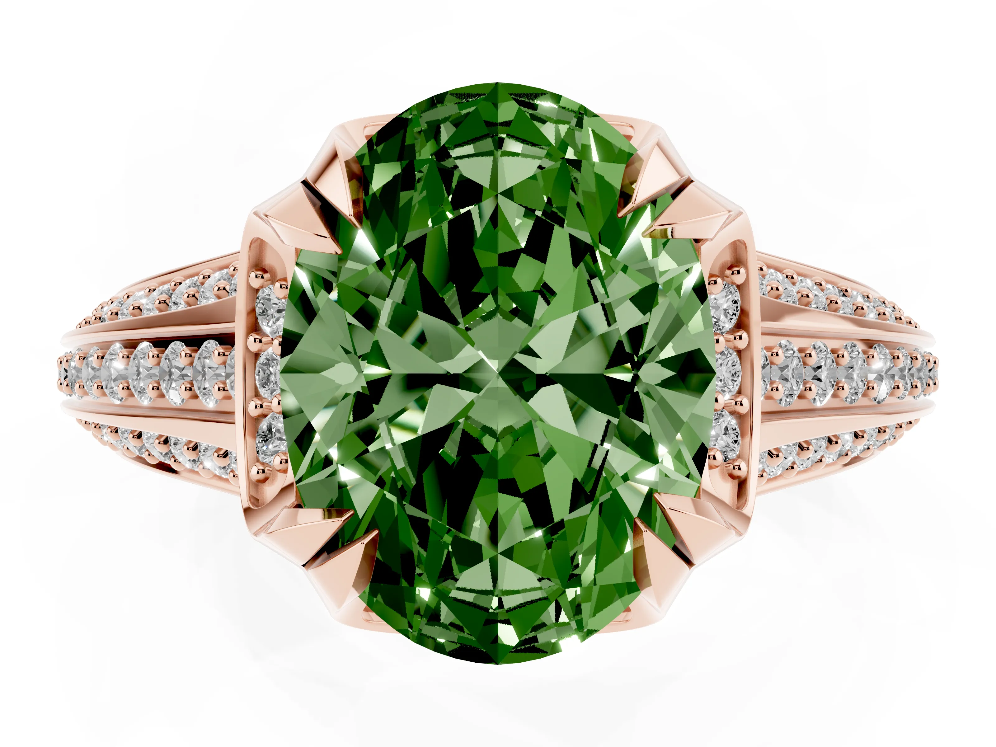 Fancy Green Oval Cut Diamond Pavé Split Shank Solitaire Ring Set in Rose gold with Prong Setting