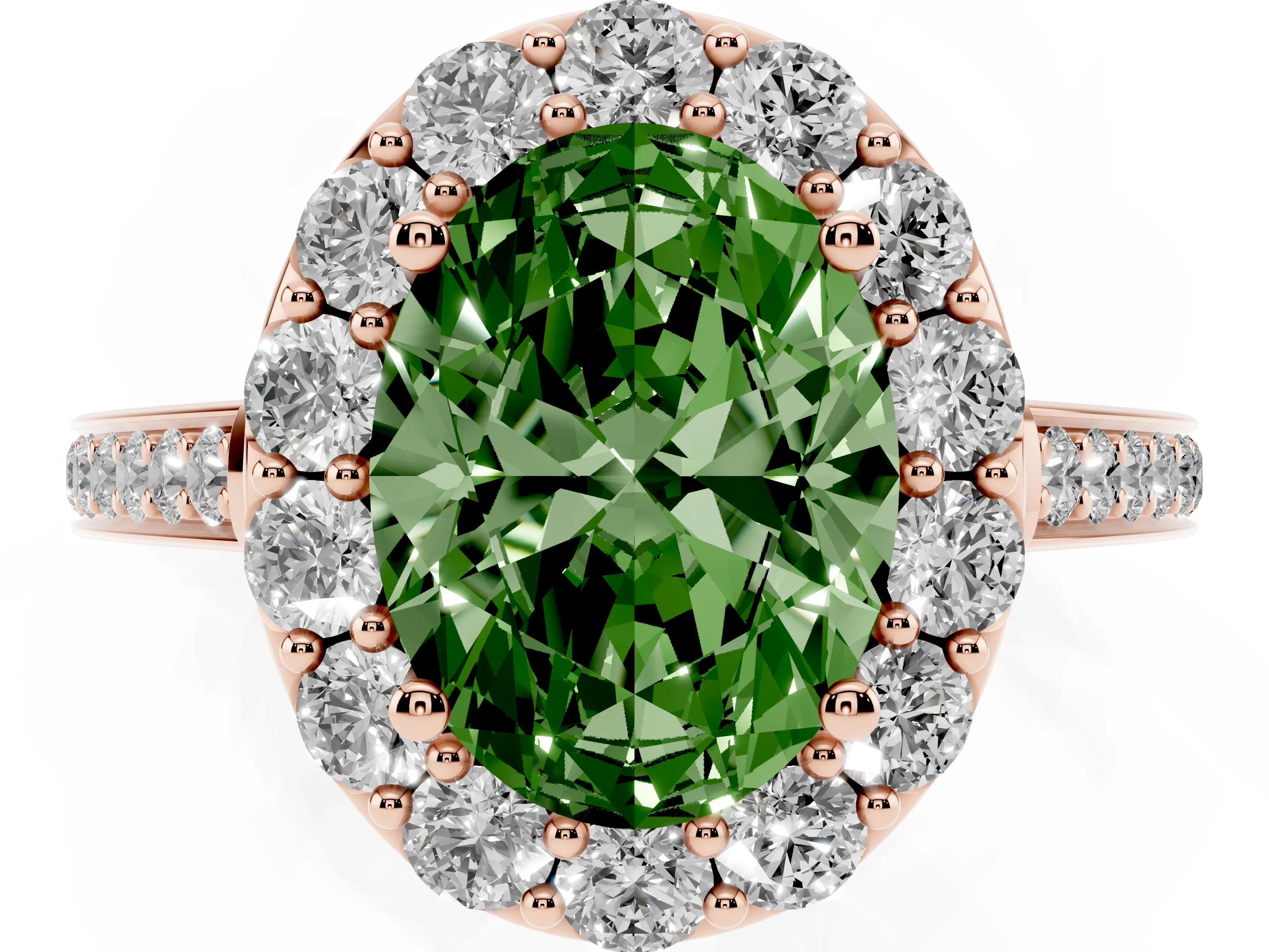 Fancy Green Oval Cut Diamond Floral Halo Ring Set in Rose gold with Pavé Band and Prong Setting