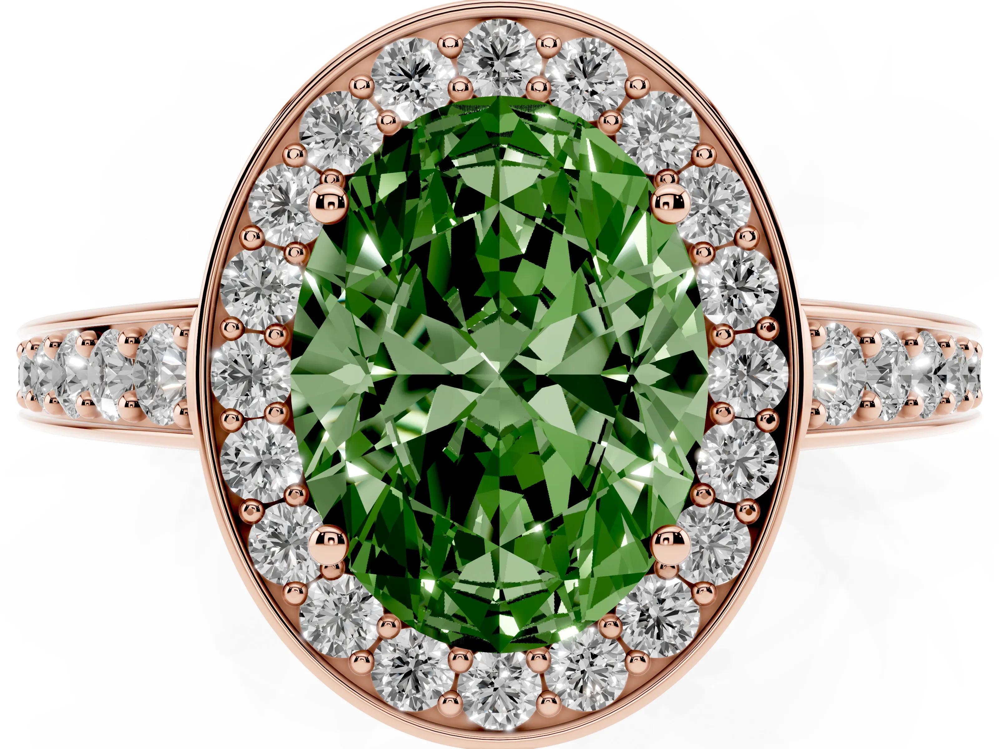 Fancy Green Oval Cut Diamond Halo Pavé Engagement Ring Set in Rose gold with Bezel Setting