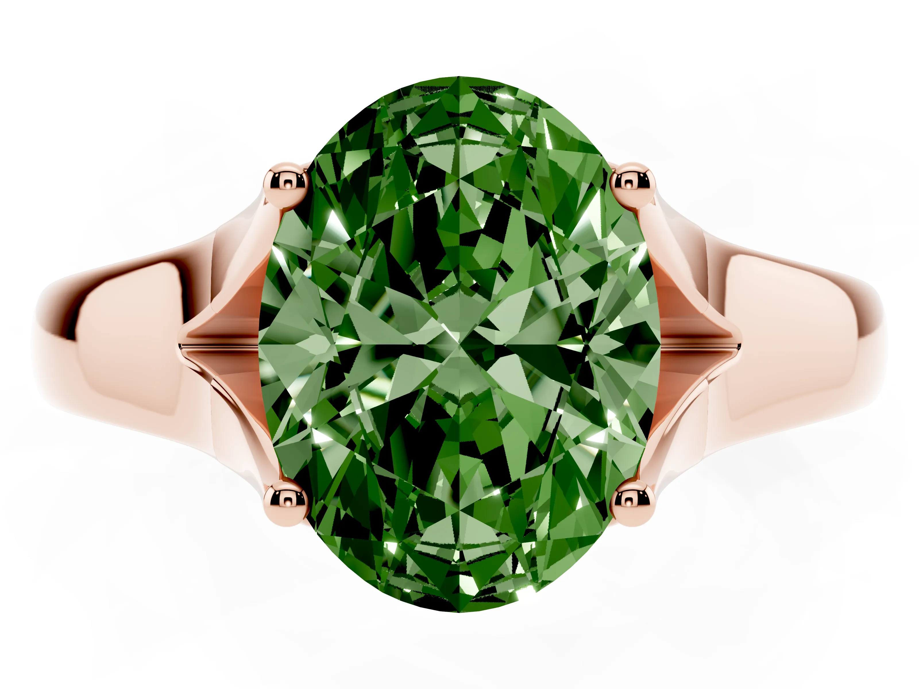 Fancy Green Oval Cut Diamond Solitaire Ring Set in Rose gold with Arched Cathedral Band and Prong Setting