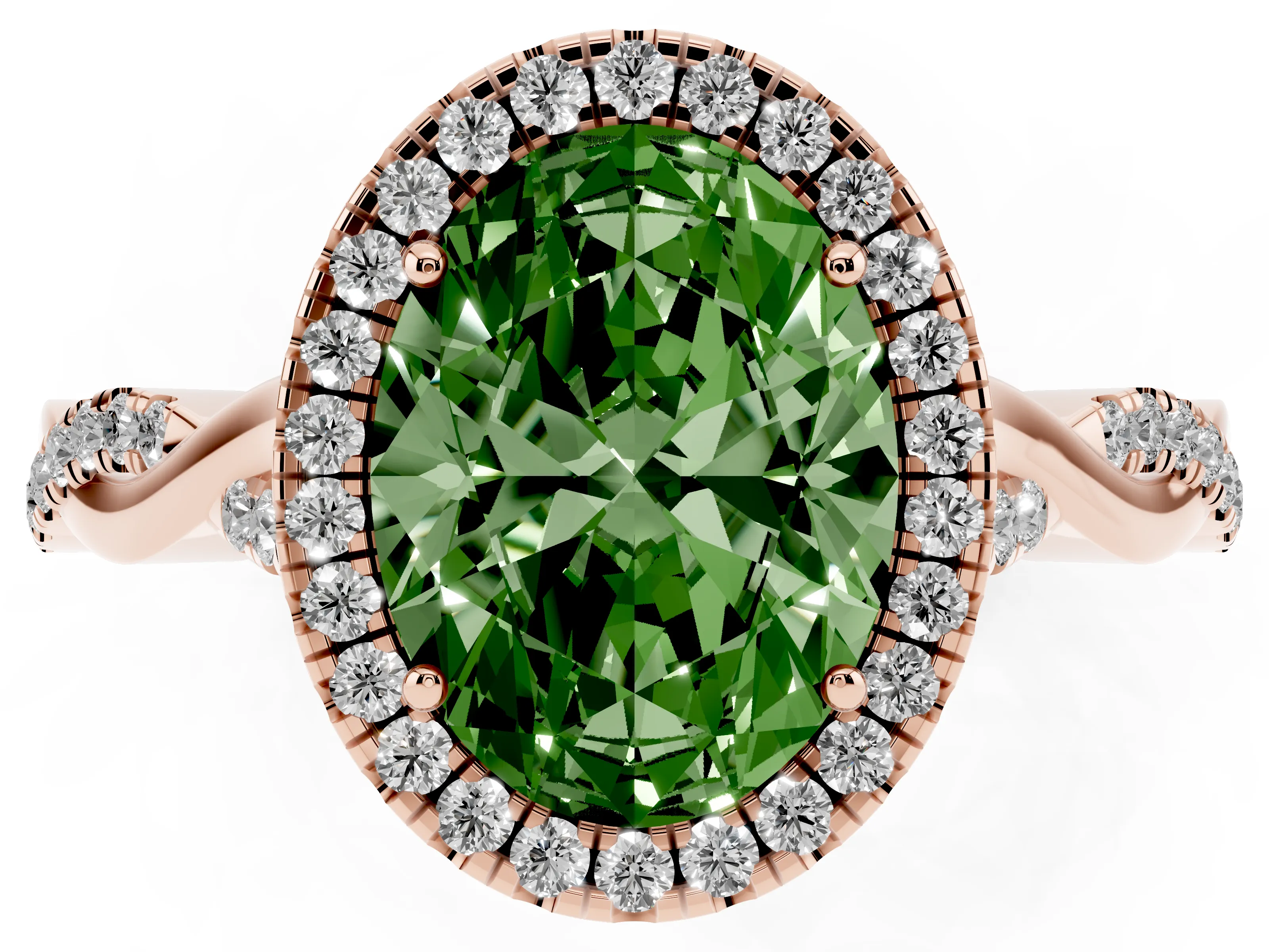 Fancy Green Oval Cut Diamond Halo Twist Band Solitaire Ring Set in Rose gold with Prong Setting
