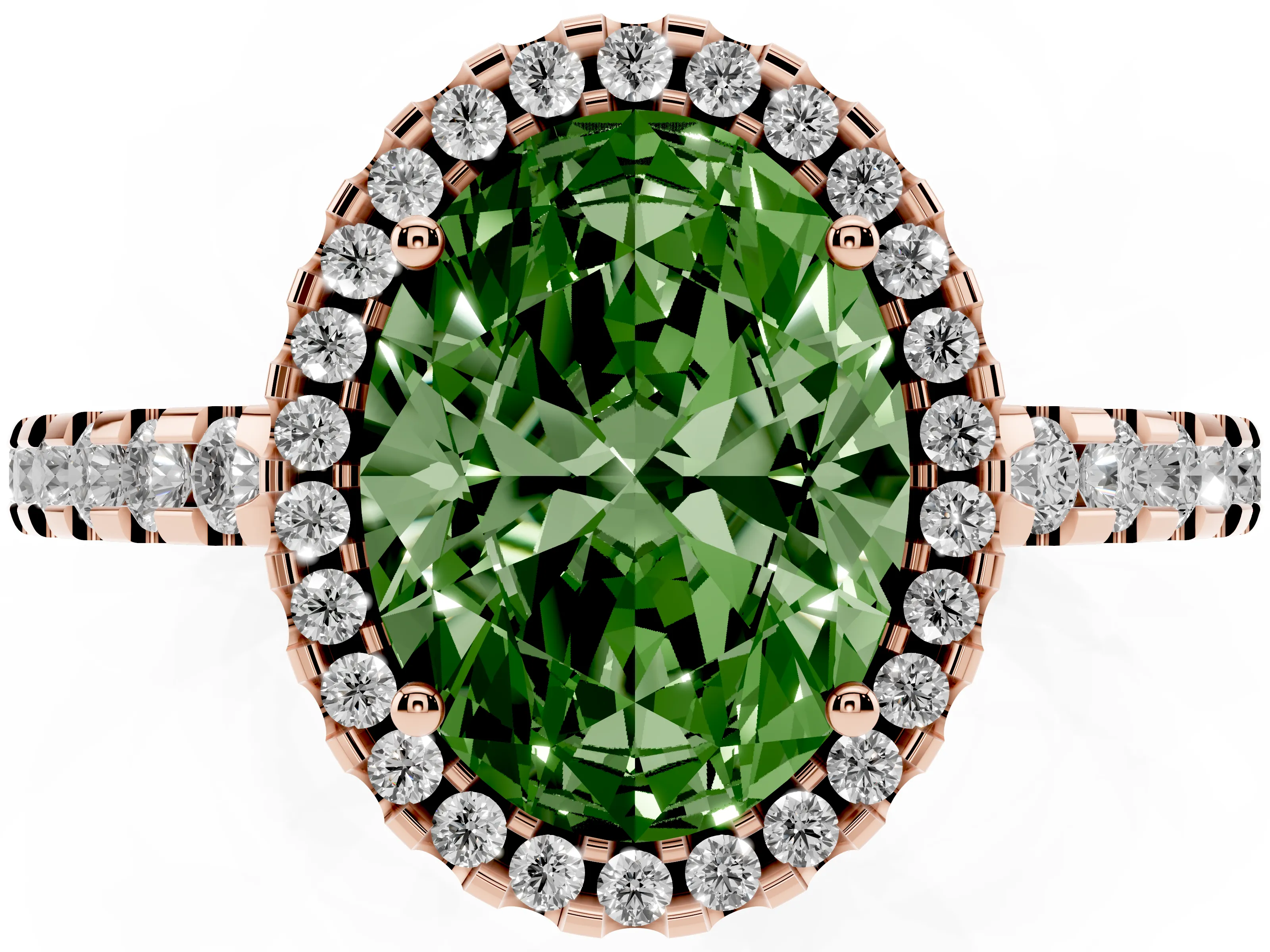 Fancy Green Oval Cut Diamond Halo Ring Set in Rose gold with Pavé Shoulders and Halo-Framed Center