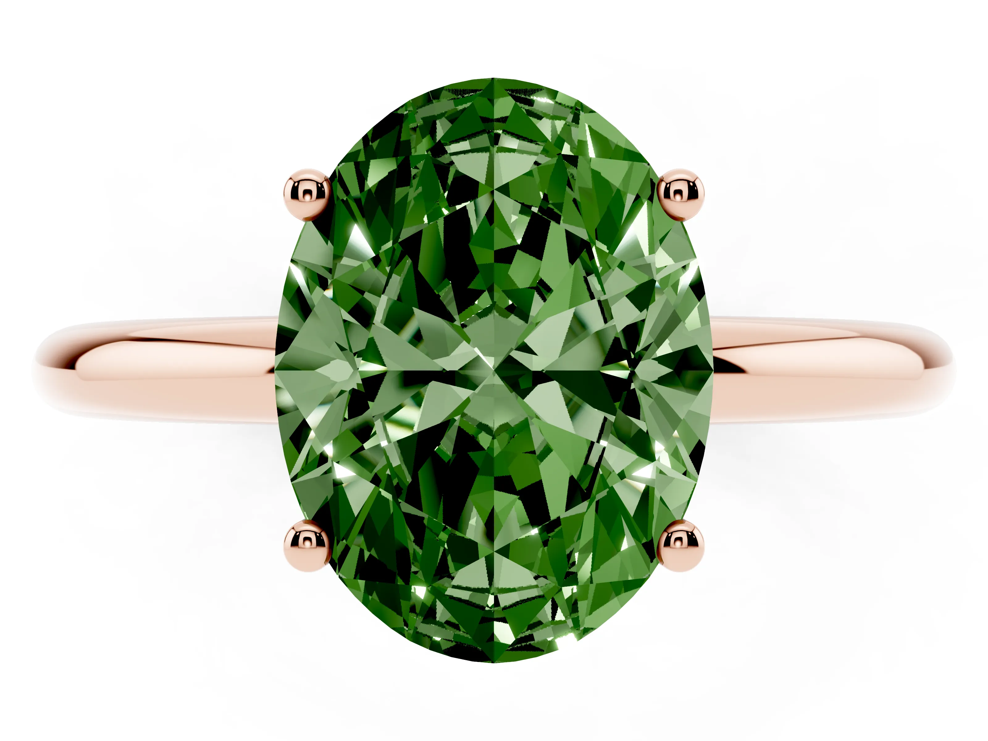 Fancy Green Oval Cut Diamond Solitaire Engagement Ring Set in Rose gold with Prong Setting and Polished Band