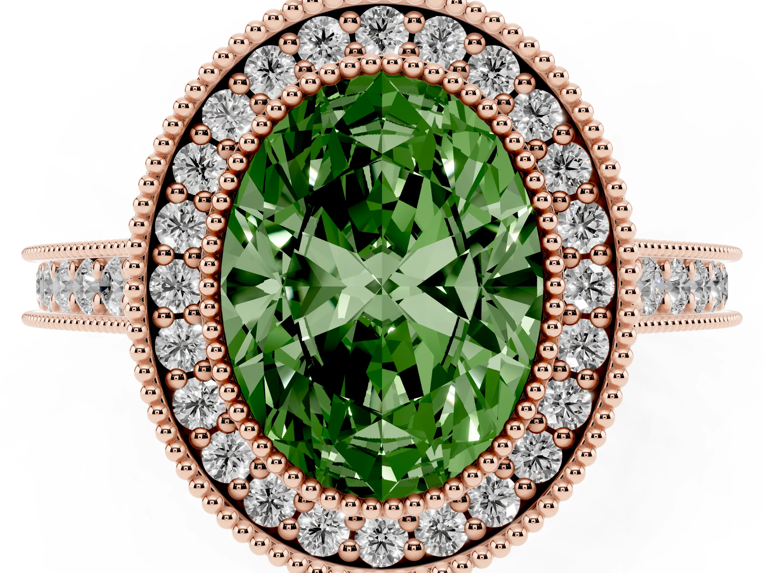 Fancy Green Oval Cut Diamond Halo Milgrain Pavé Band Ring Set in Rose gold with Prong Setting