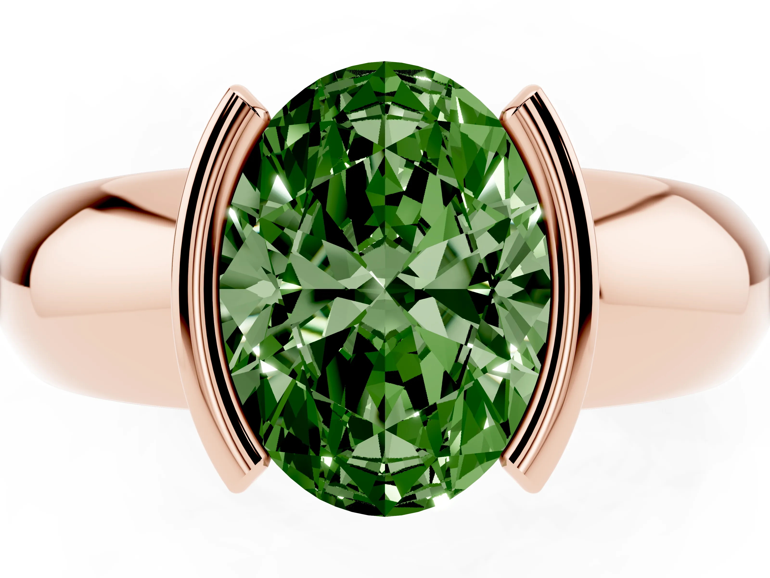 Fancy Green Oval Cut Diamond Solitaire Tension Set Ring Set in Rose gold with Wide Band