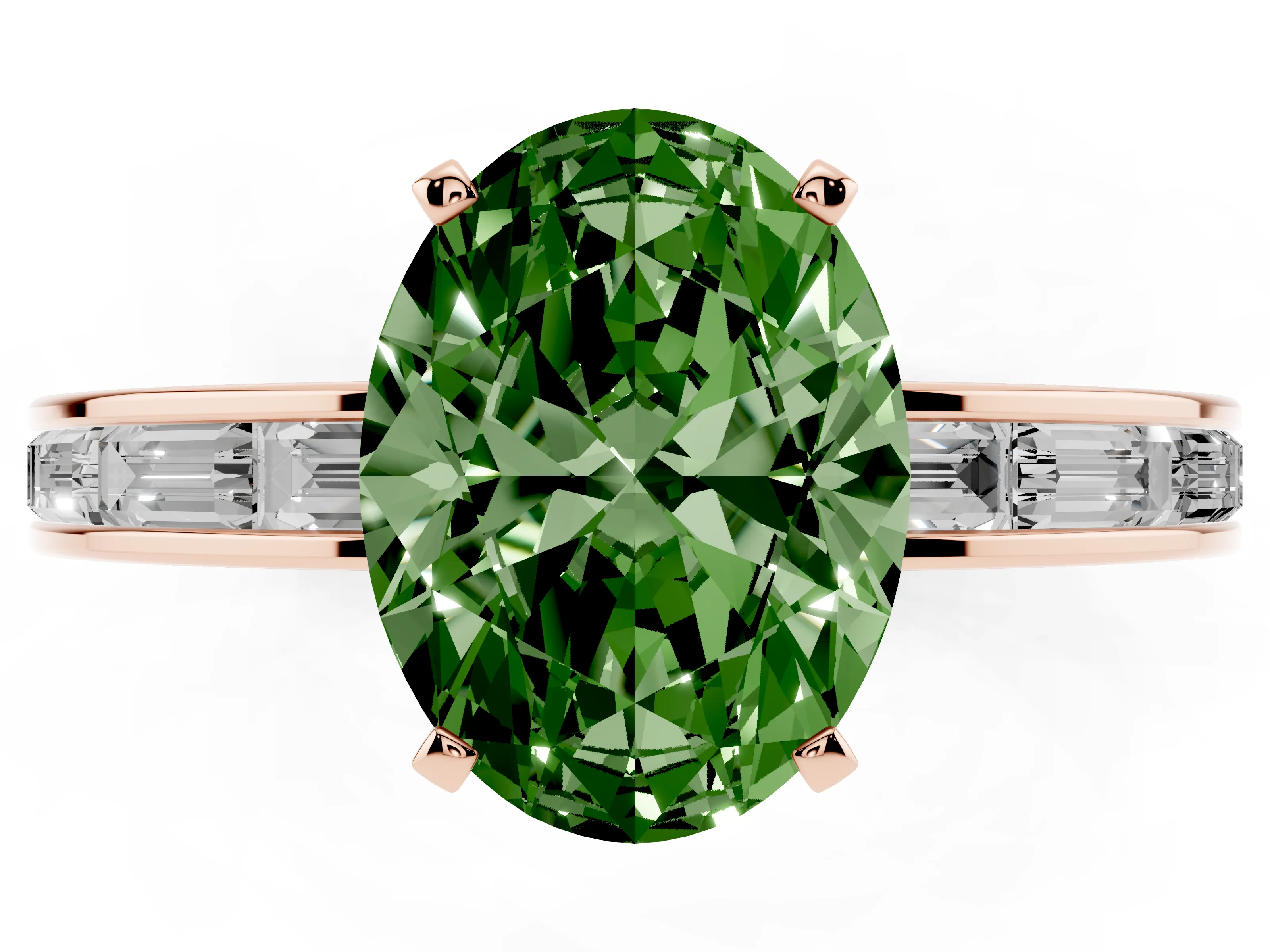 Fancy Green Oval Cut Diamond Solitaire Ring Set in Rose gold with Channel-Set Baguette Band and Prong Setting