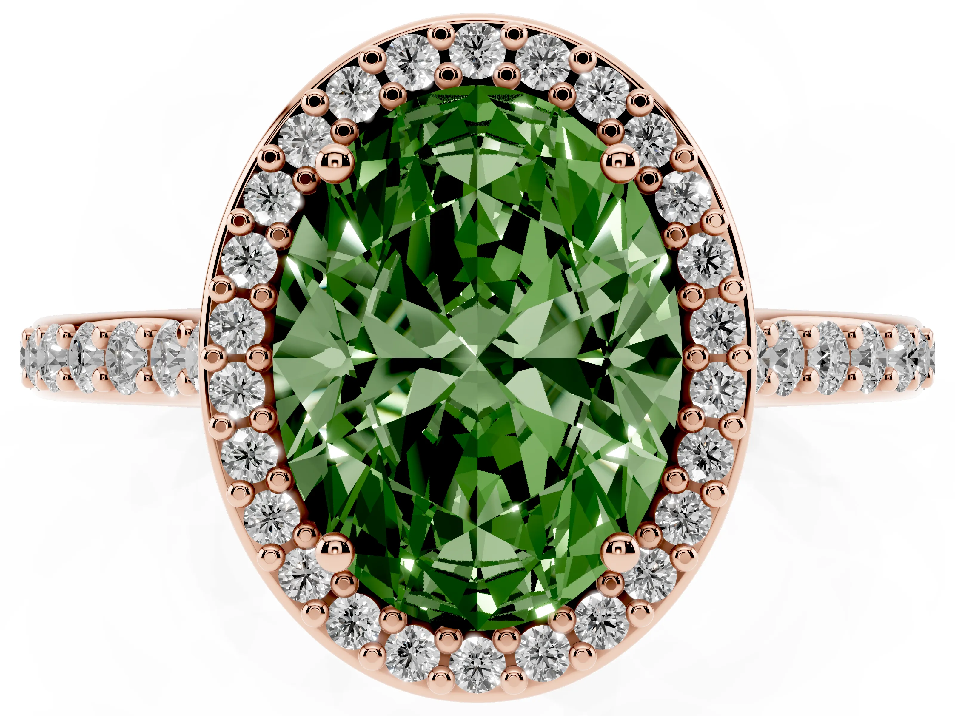Fancy Green Oval Cut Diamond Halo Engagement Ring Set in Rose gold with Round Pavé Shoulders and Heart Gallery