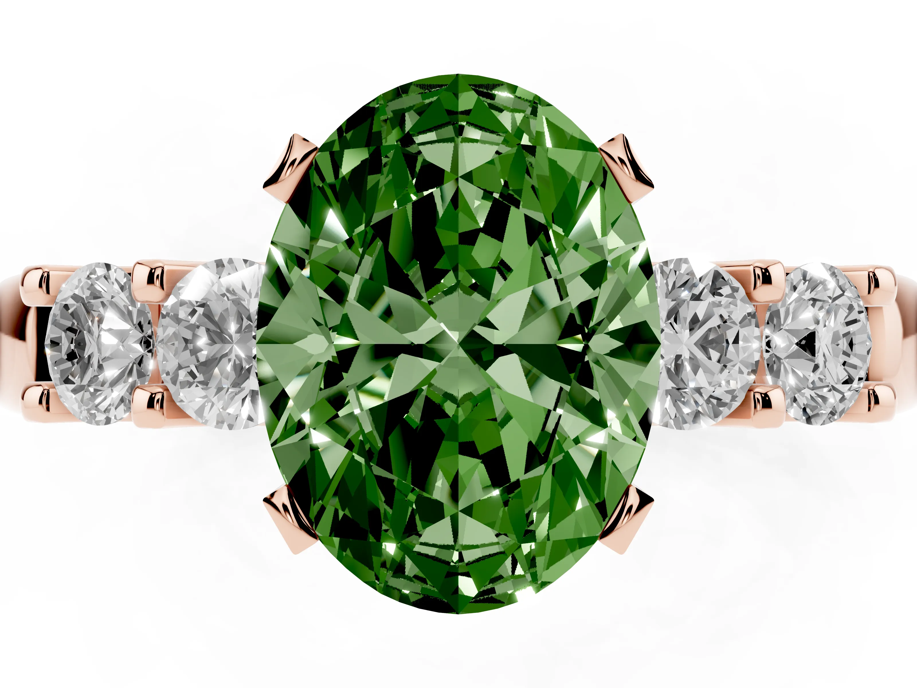 Fancy Green Oval Cut Diamond Five-Stone Prong Set Engagement Ring Set in Rose gold with Channel Band