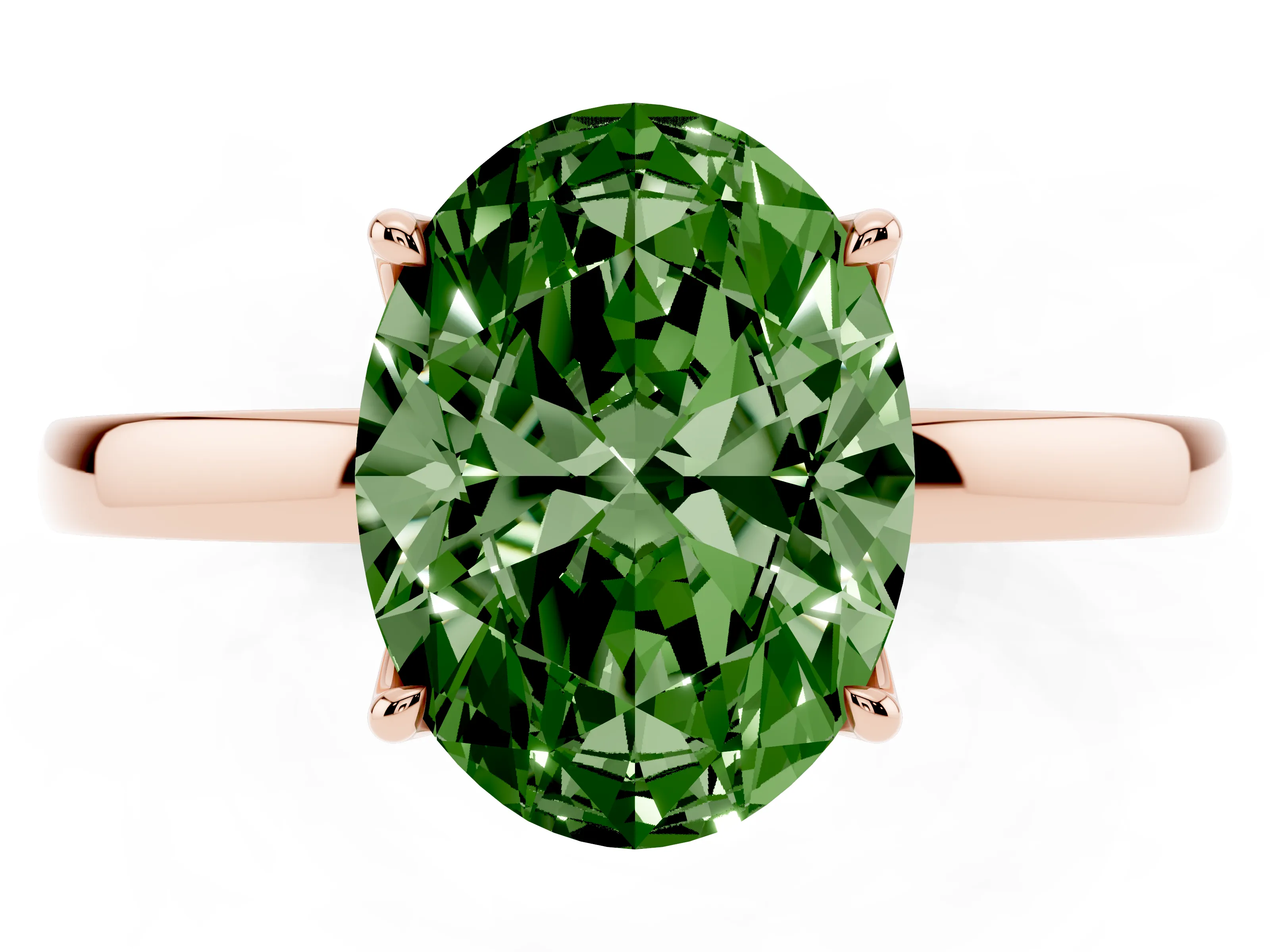 Fancy Green Oval Cut Diamond Solitaire Ring Set in Rose gold with Prong Setting and Thin Polished Band