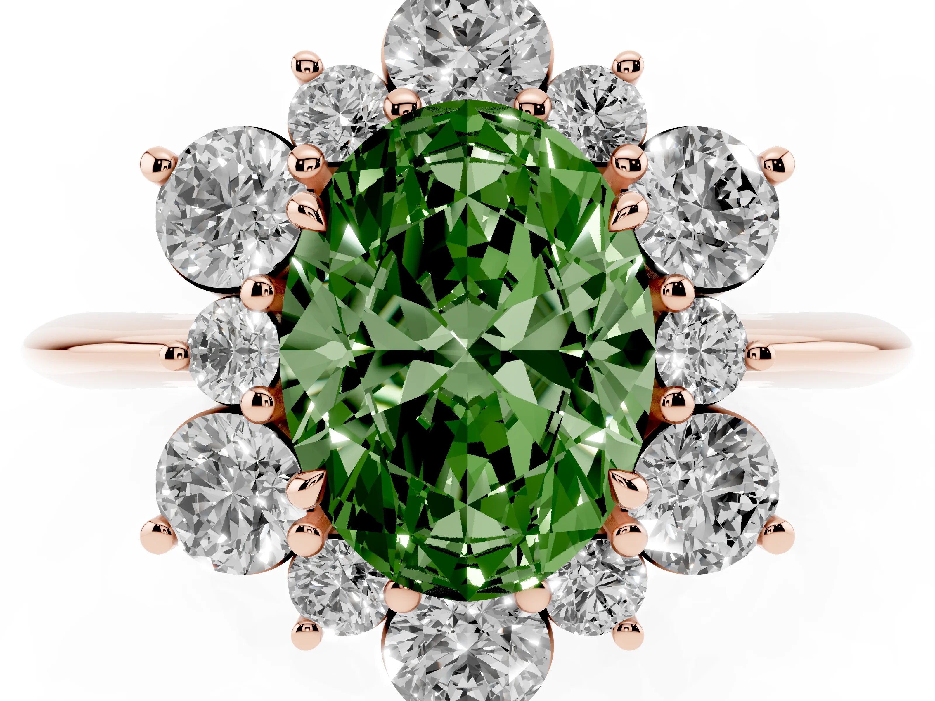 Fancy Green Oval Cut Diamond Cluster Halo Ring Set in Rose gold with Solitaire Band and Prong Setting