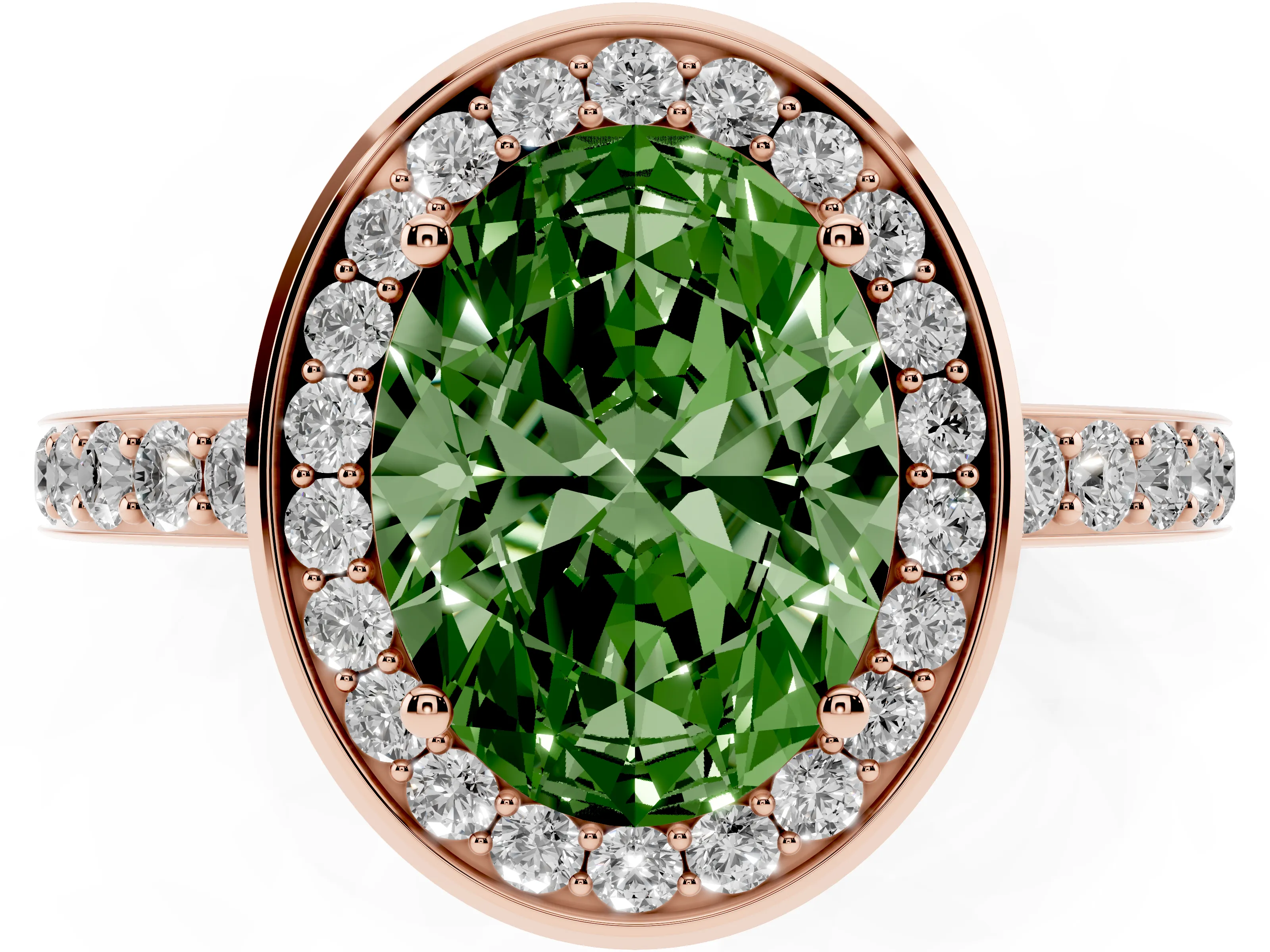 Fancy Green Oval Cut Diamond Halo Ring Set in Rose gold with Bezel Frame and Pavé Band