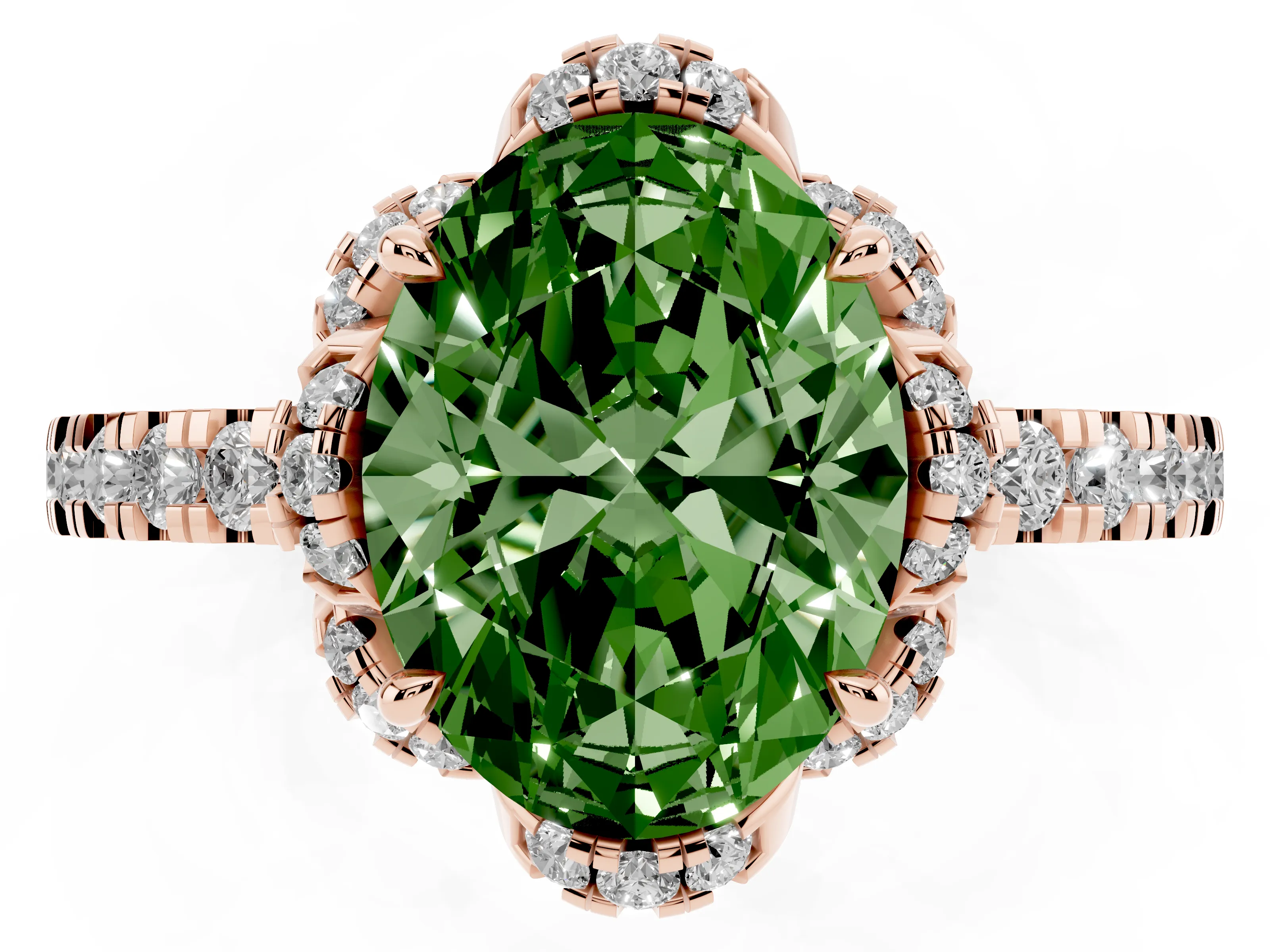 Fancy Green Oval Cut Diamond Halo Pavé Band Ring Set in Rose gold with Prong-Held Center