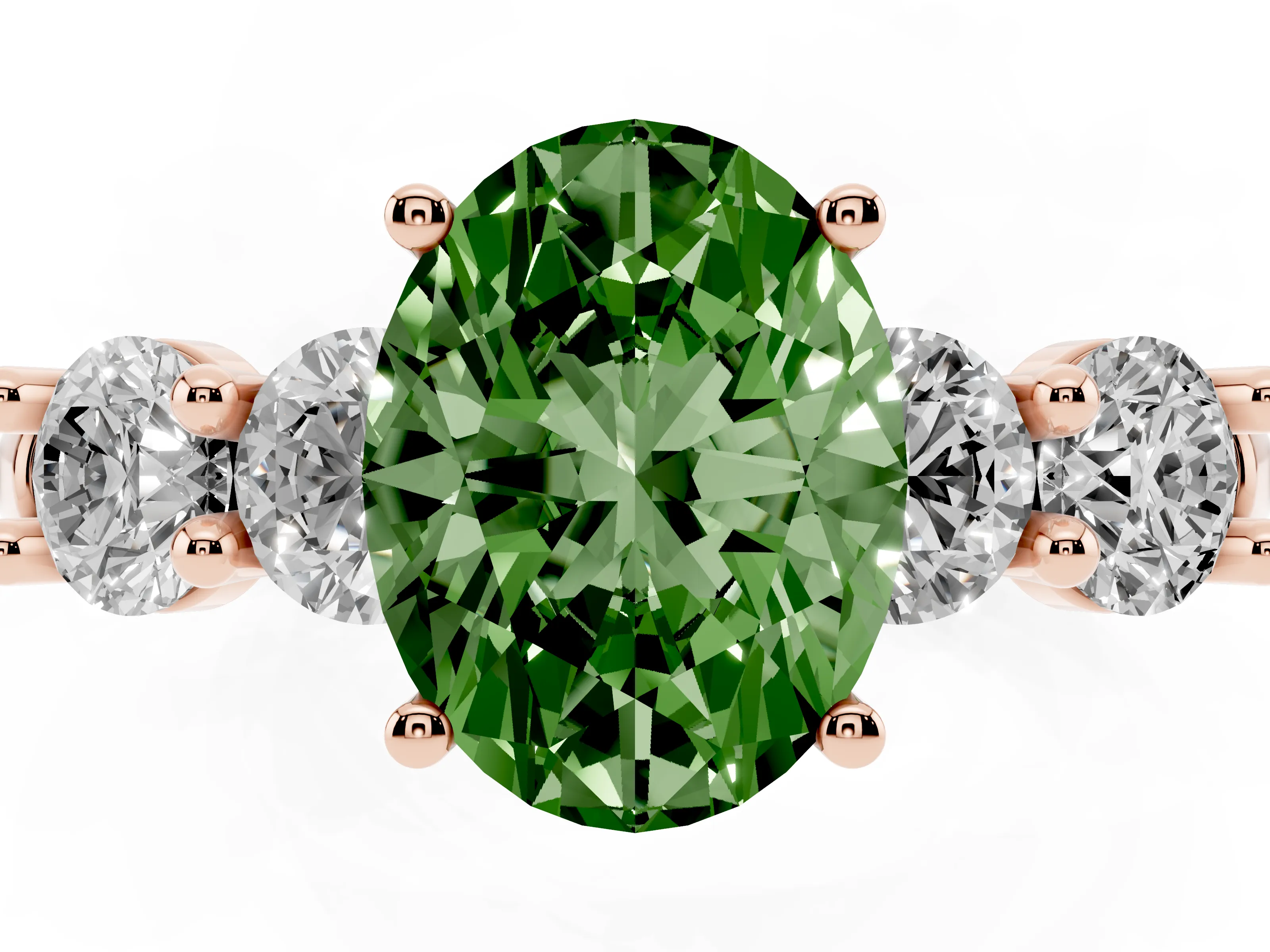Fancy Green Oval Cut Diamond Five-Stone Prong Set Ring Set in Rose gold with Classic Band