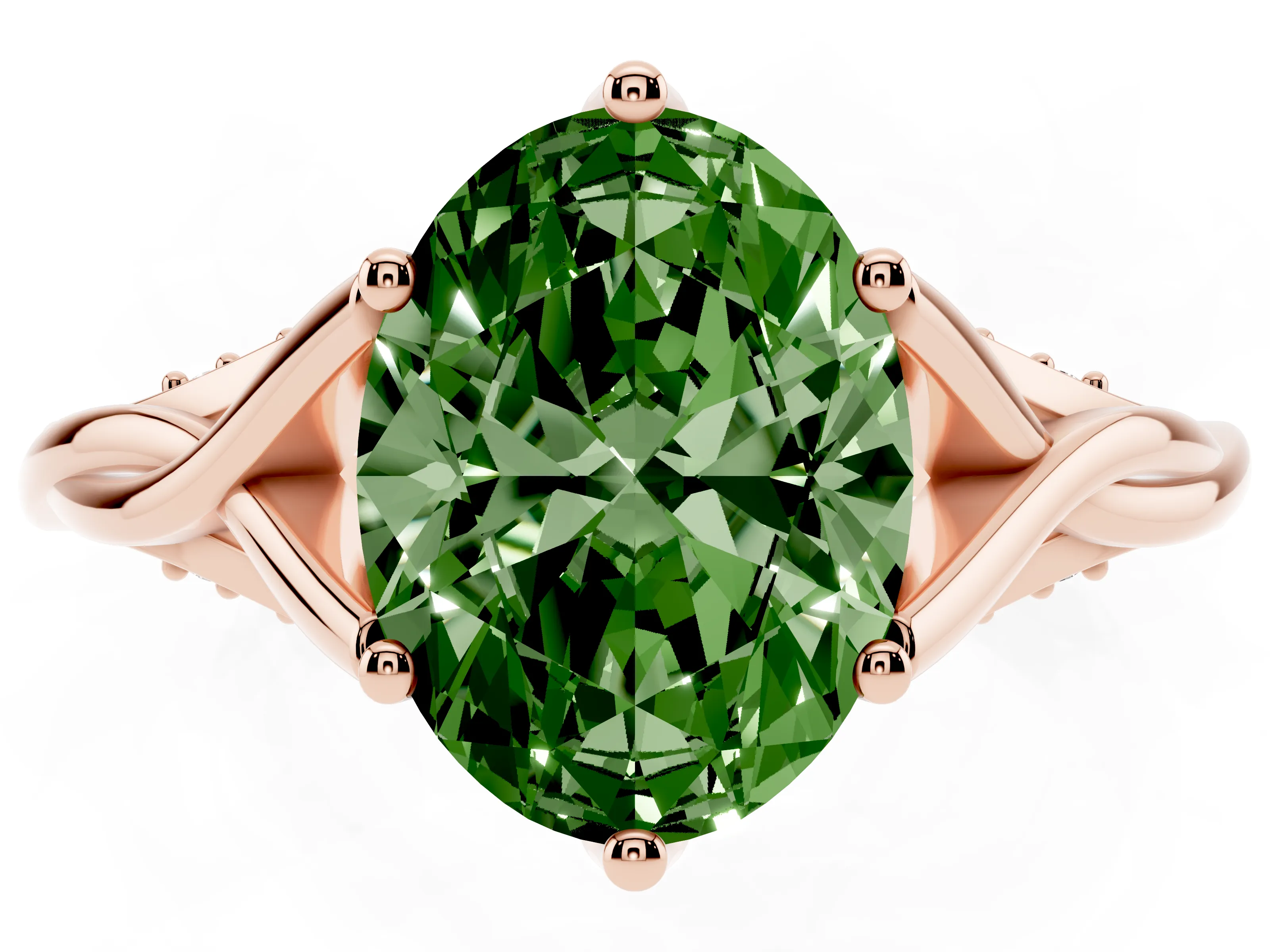 Fancy Green Oval Cut Diamond Intertwined Twist Band Solitaire Ring Set in Rose gold with Prong Setting