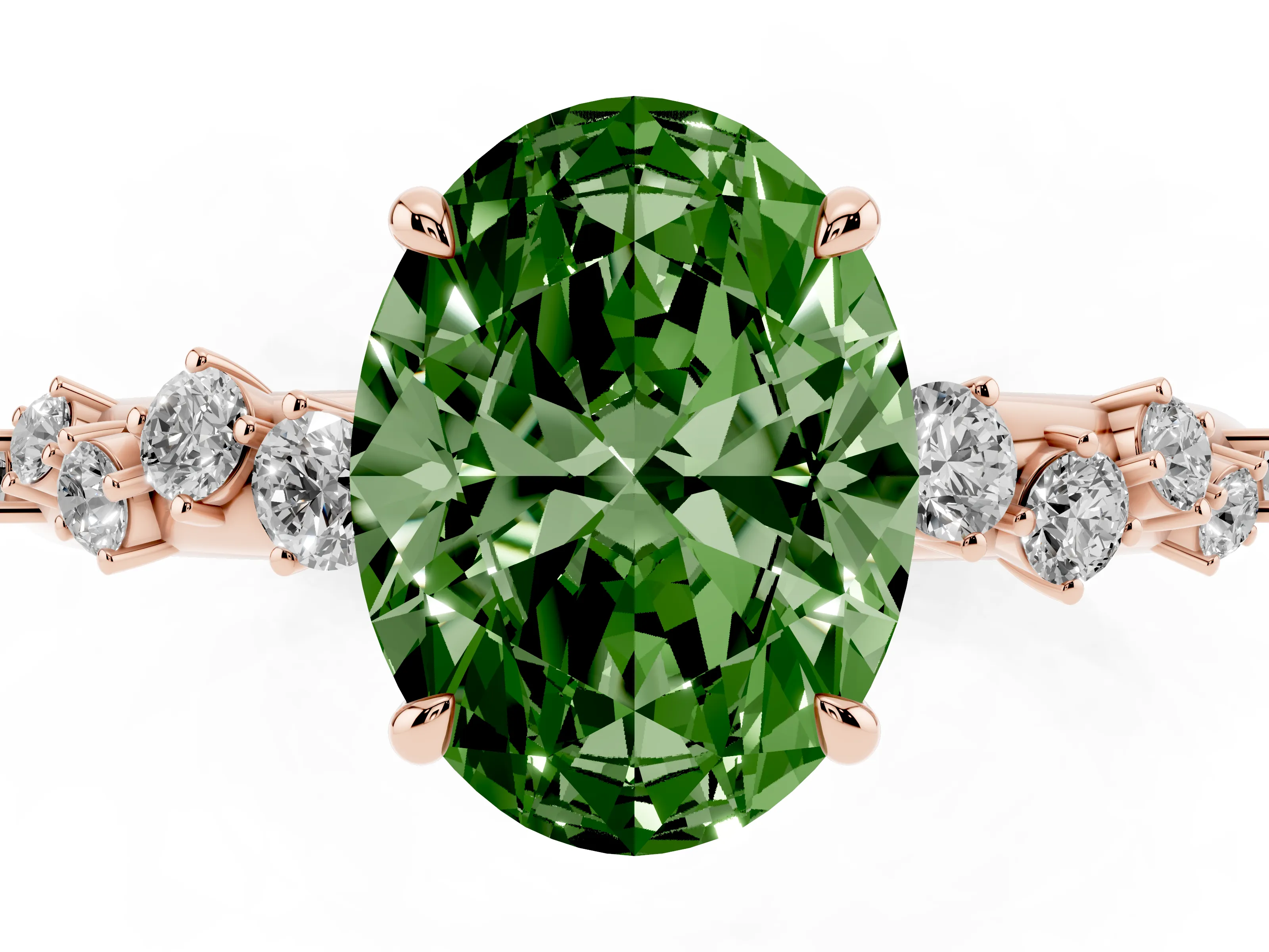 Fancy Green Oval Cut Diamond Cluster Solitaire Ring Set in Rose gold with Prong Setting