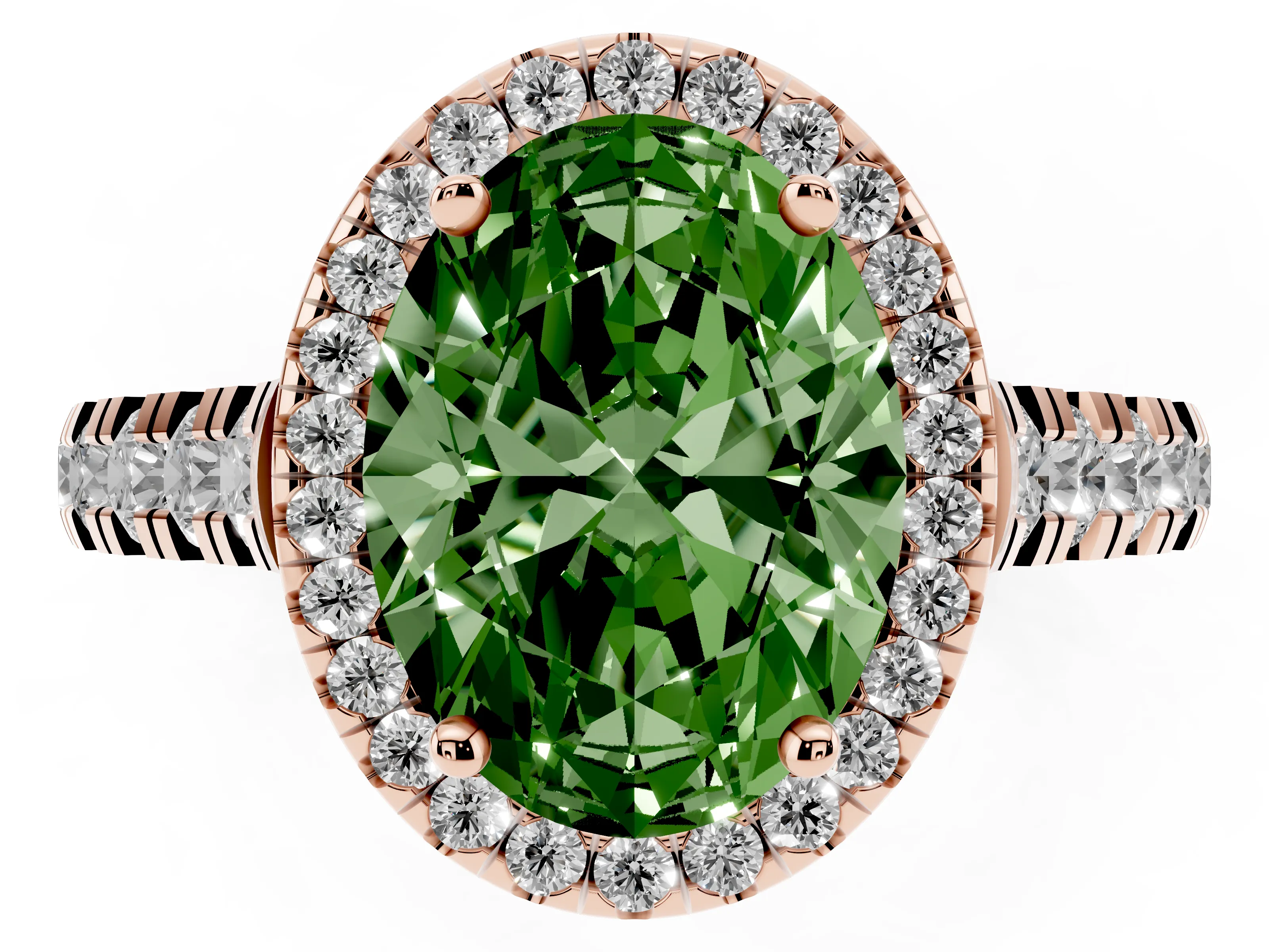 Fancy Green Oval Cut Diamond Halo Engagement Ring Set in Rose gold with Pavé Band and Prong-Set Center