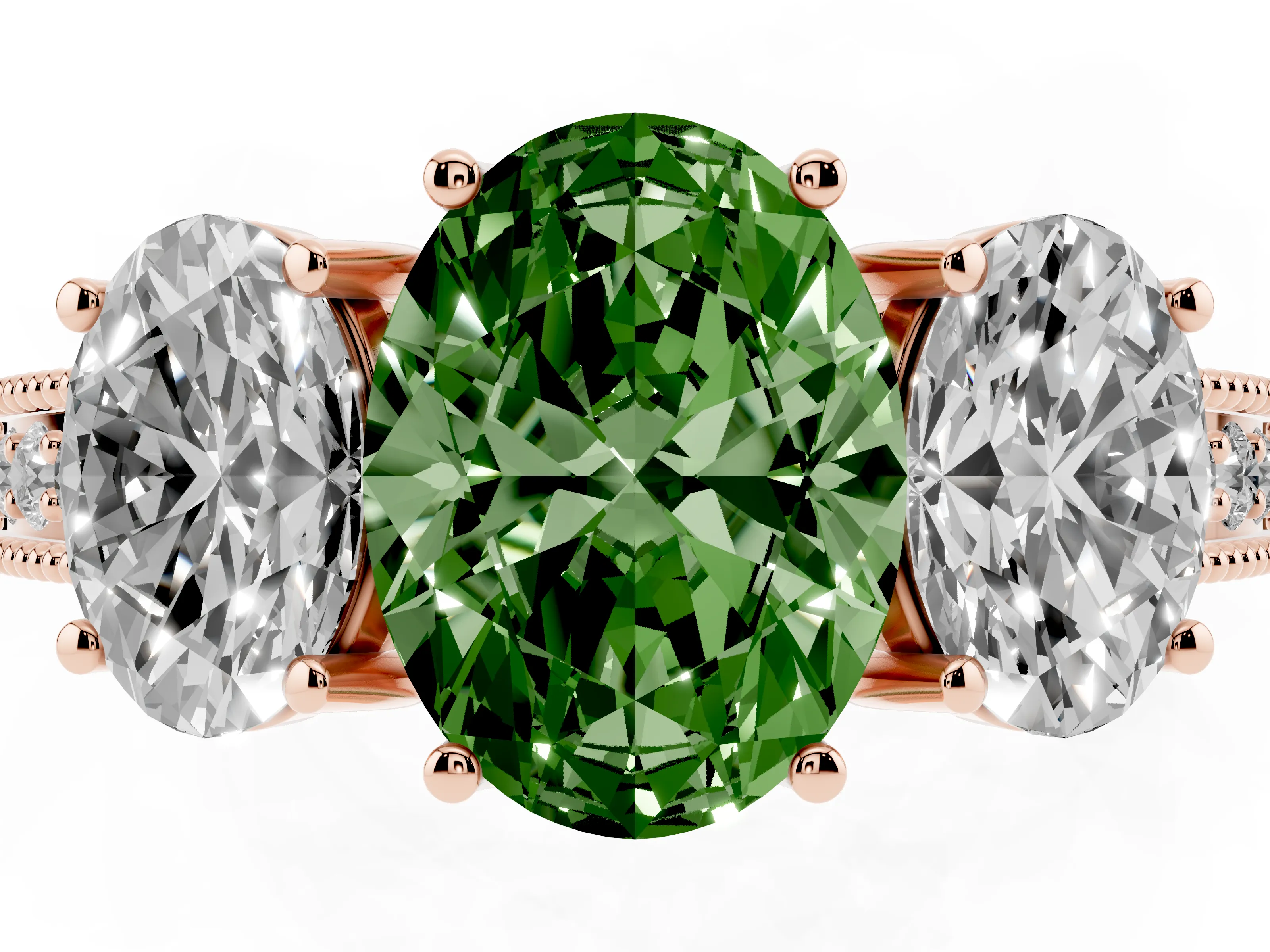 Fancy Green Oval Cut Diamond Three-Stone Engagement Ring Set in Rose gold with Milgrain Pavé Band