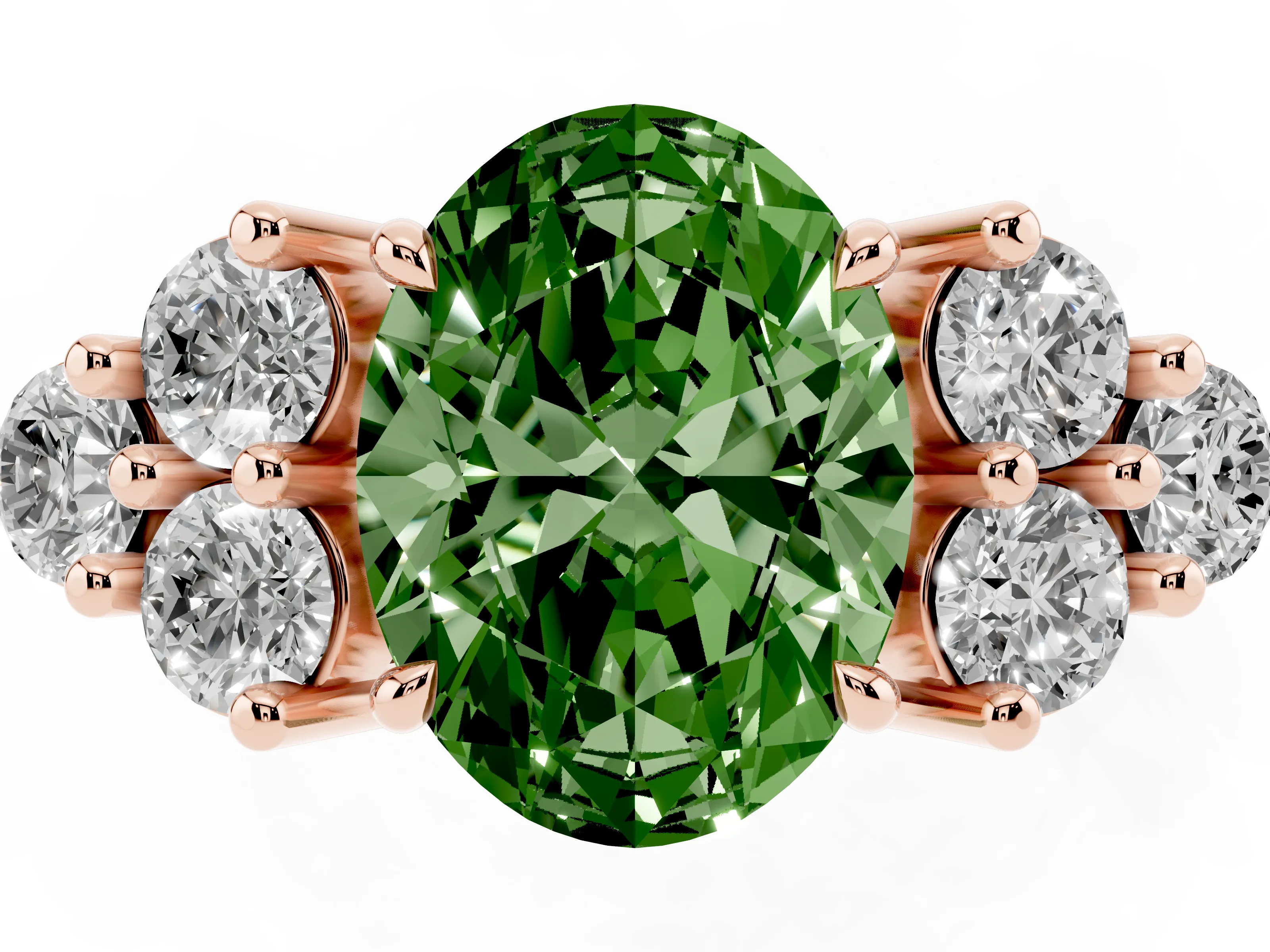 Fancy Green Oval Cut Diamond Solitaire Ring Set in Rose gold with Cluster Accents on Each Side