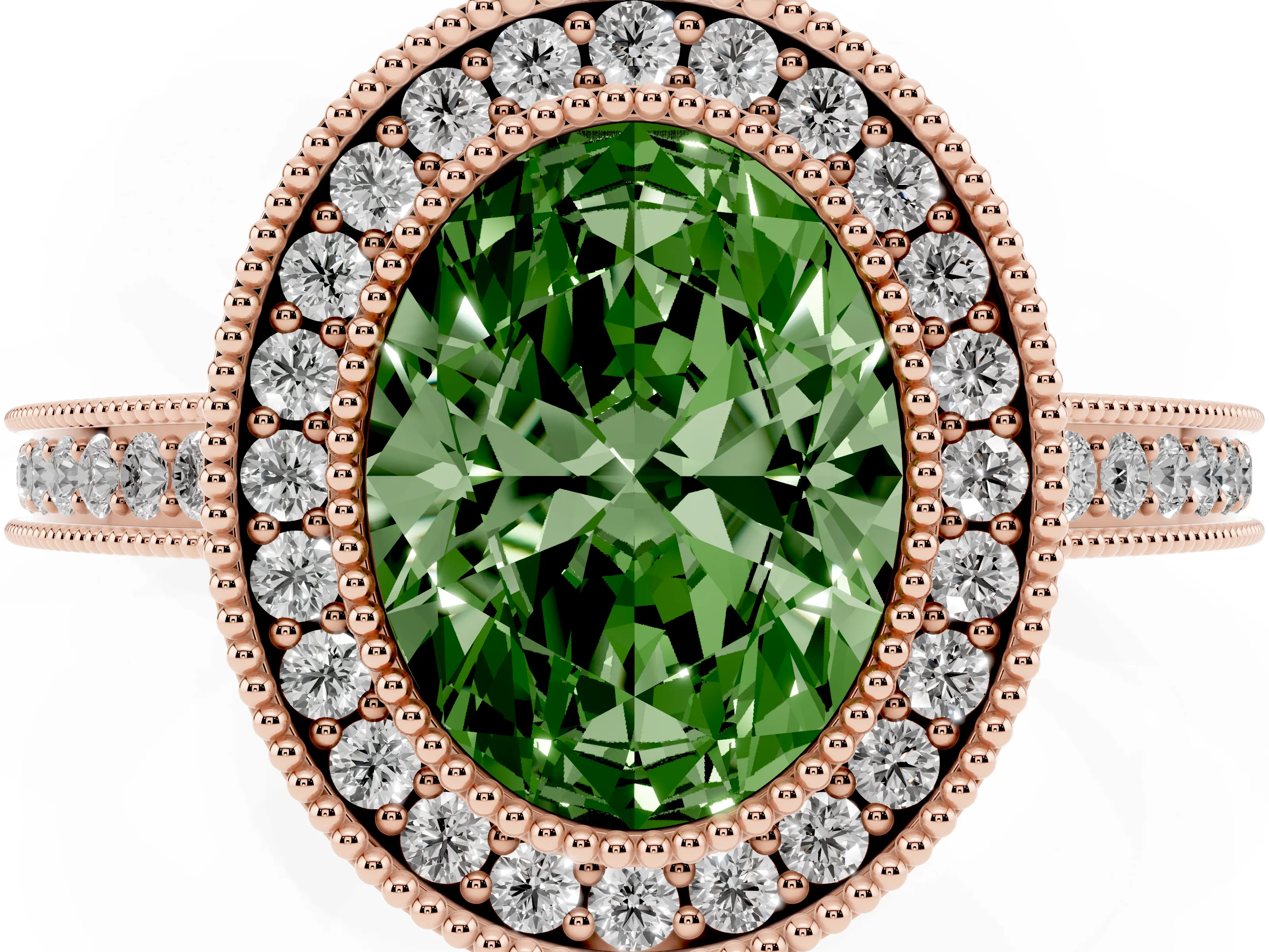 Fancy Green Oval Cut Diamond Halo Ring Set in Rose gold with Pavé Band and Milgrain-Edged Prongs