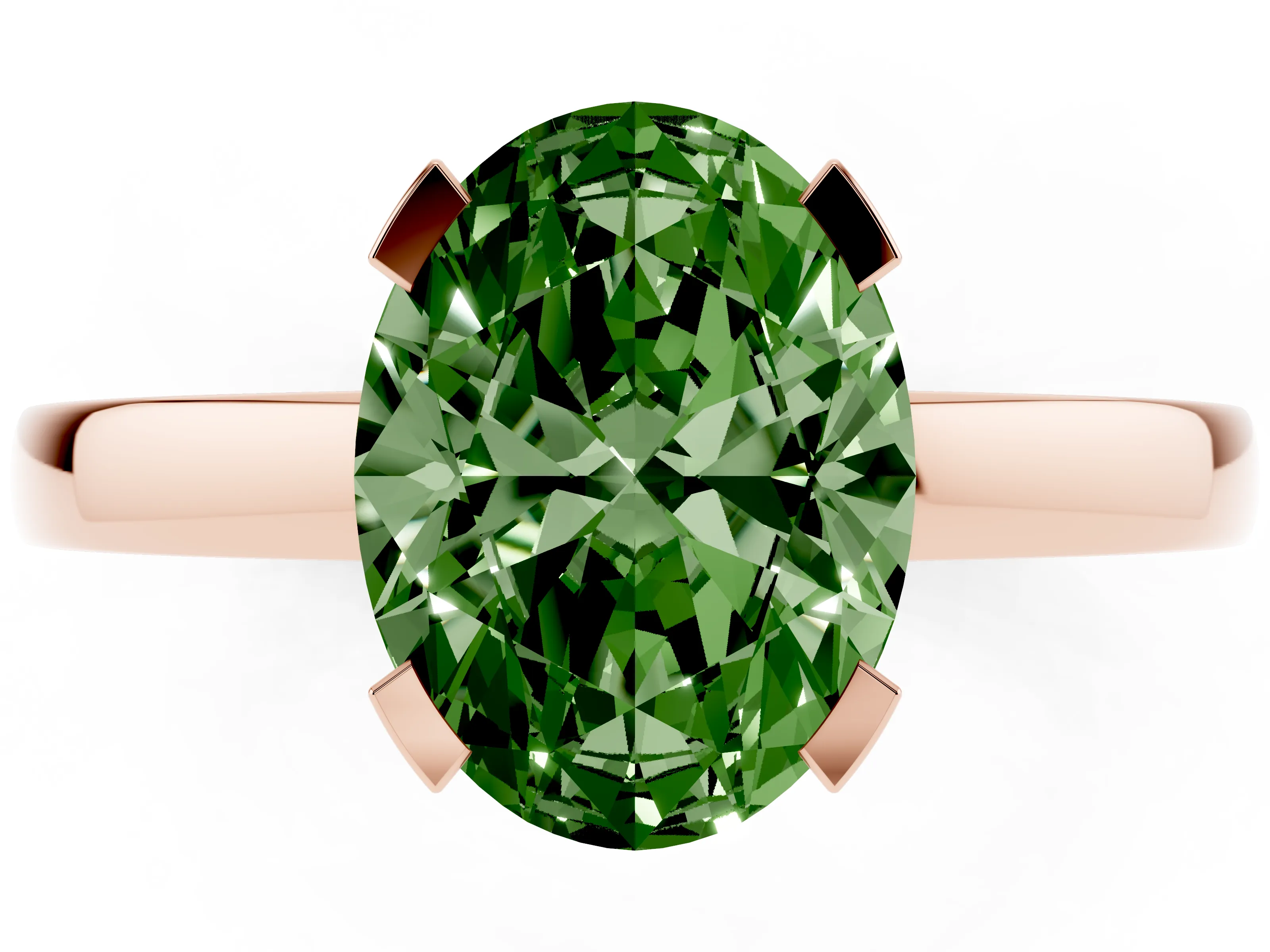 Fancy Green Oval Cut Diamond Solitaire Ring Set in Rose gold with Prong Head and Smooth Polished Band