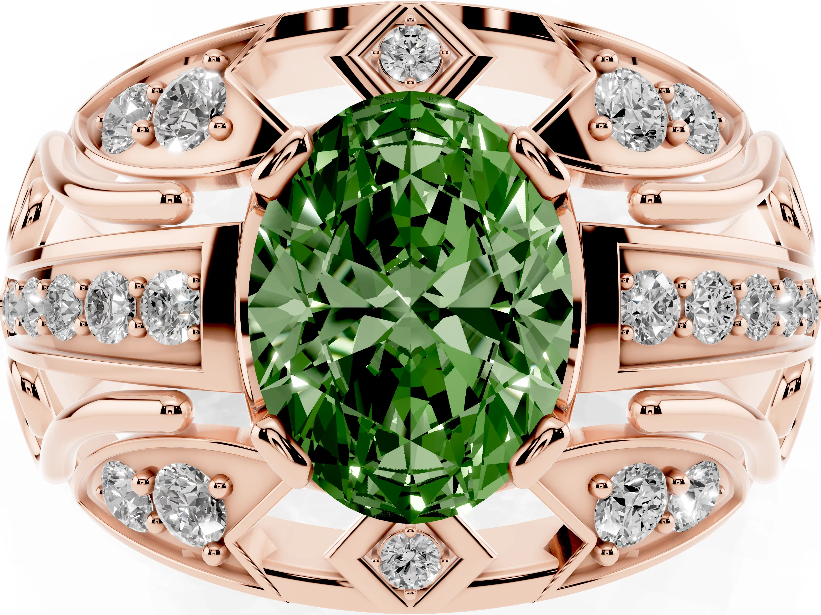 Fancy Green Oval Cut Diamond Art Deco Ring Set in Rose gold with Pavé Split Shank
