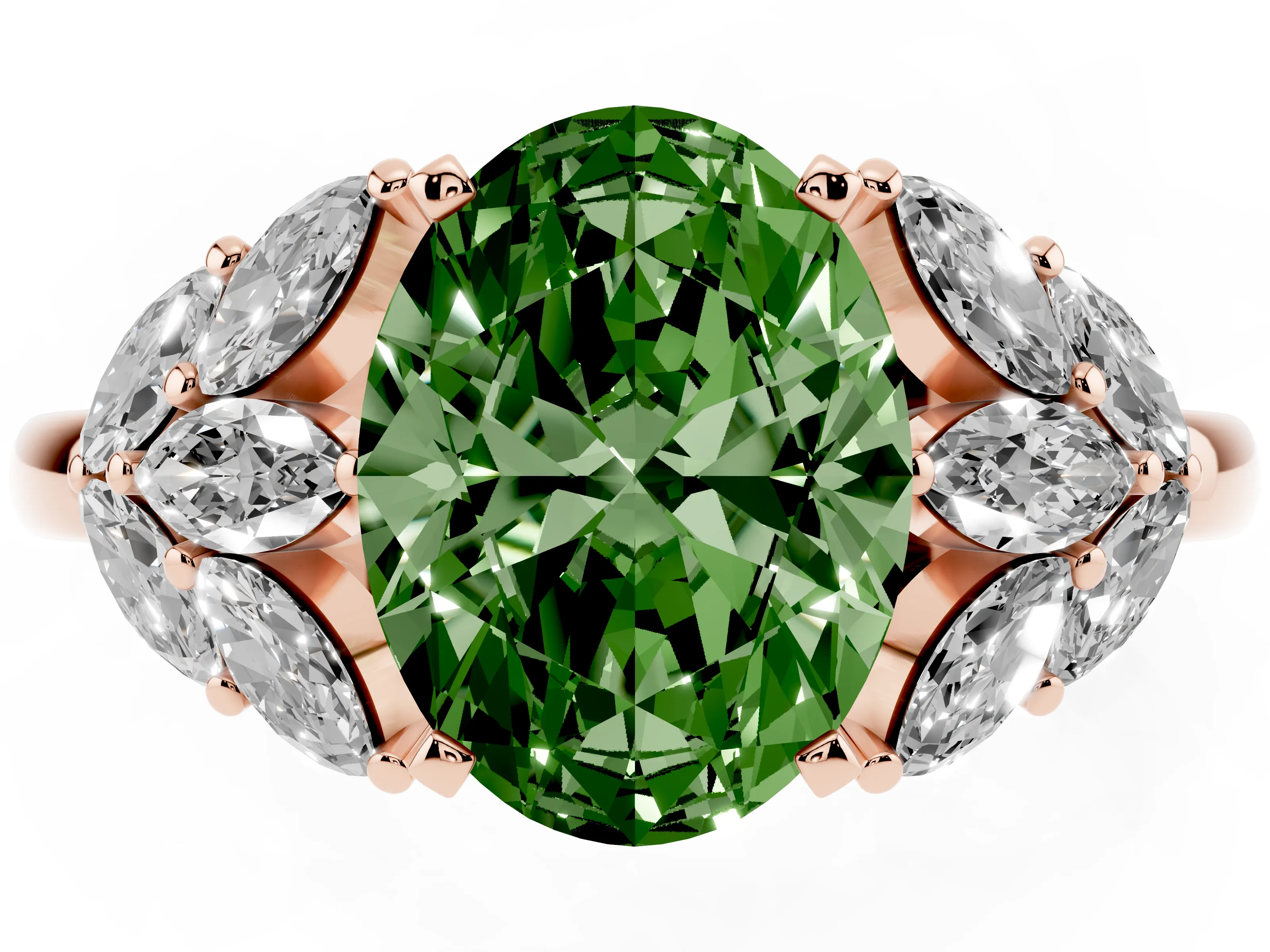 Fancy Green Oval Cut Diamond Cluster Leaf Design Ring Set in Rose gold with Prong Setting