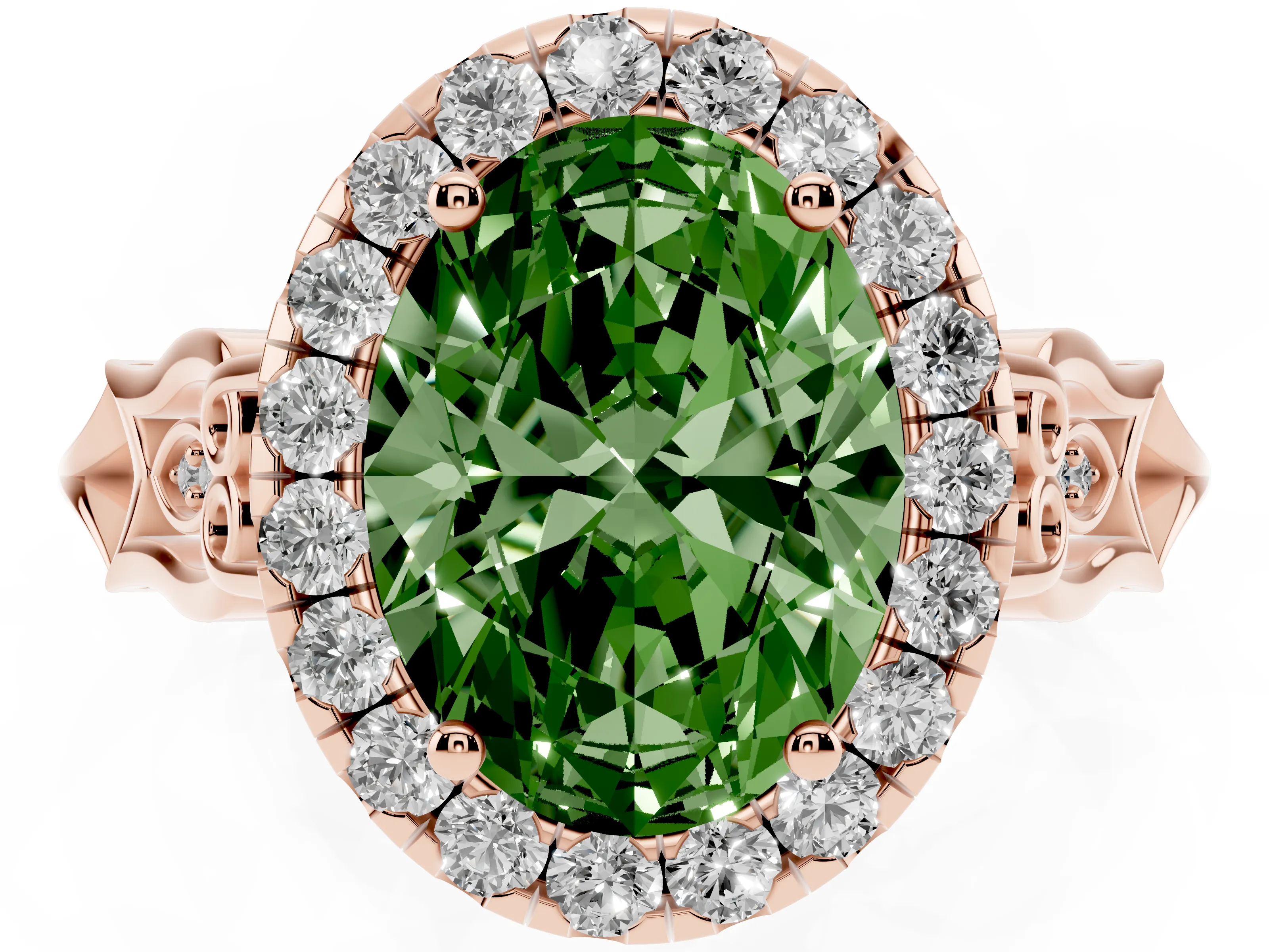 Fancy Green Oval Cut Diamond Halo Engagement Ring Set in Rose gold with Filigree Band and Prong-Set Center