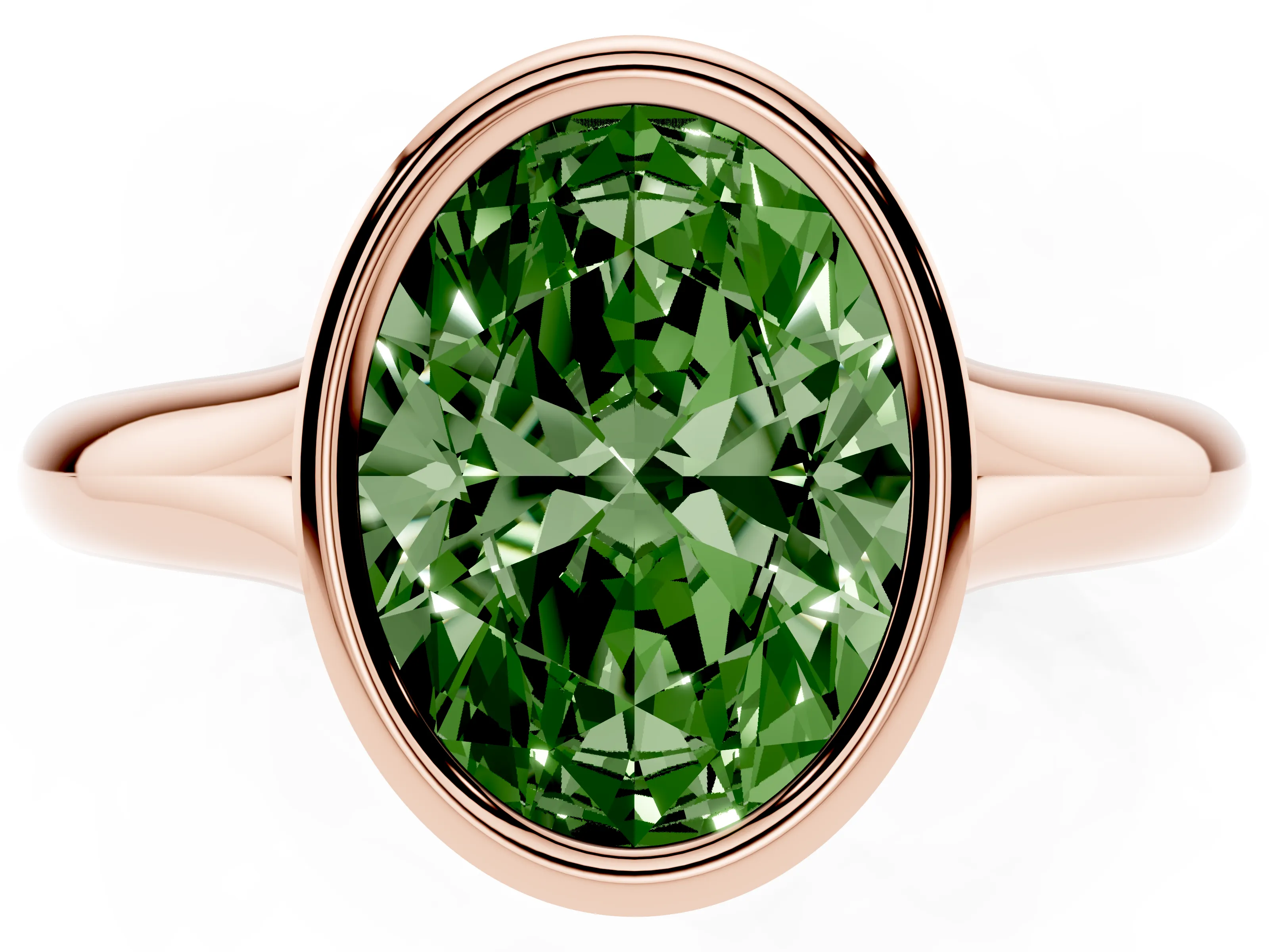 Fancy Green Bezel Set Oval Cut Diamond Solitaire Ring Set in Rose gold with Smooth Band