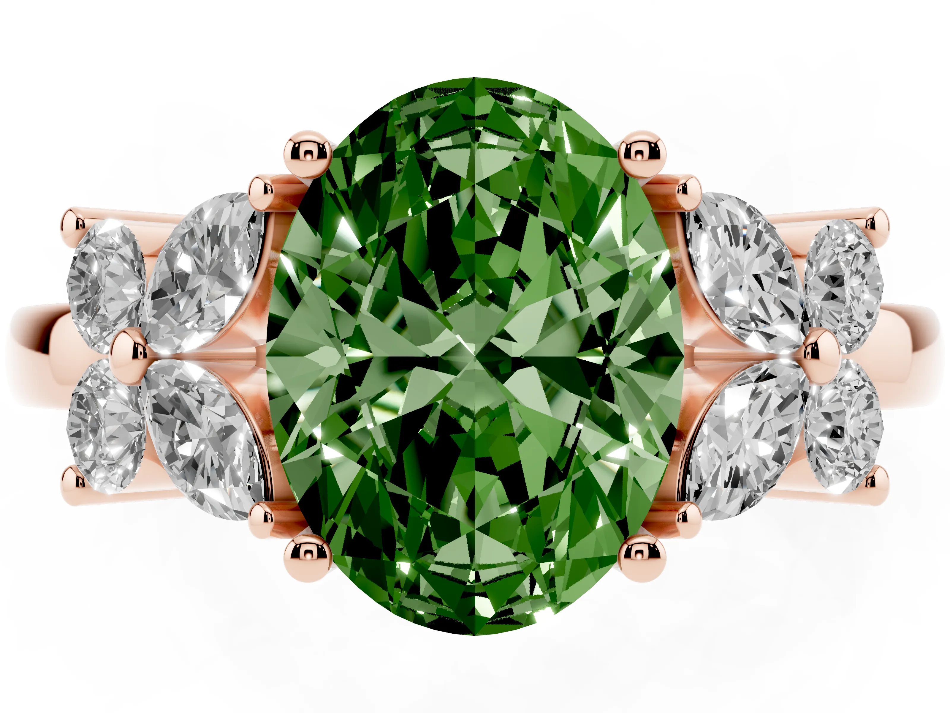 Fancy Green Oval Cut Diamond Floral Cluster Ring Set in Rose gold with Marquise Petals and Prong Setting